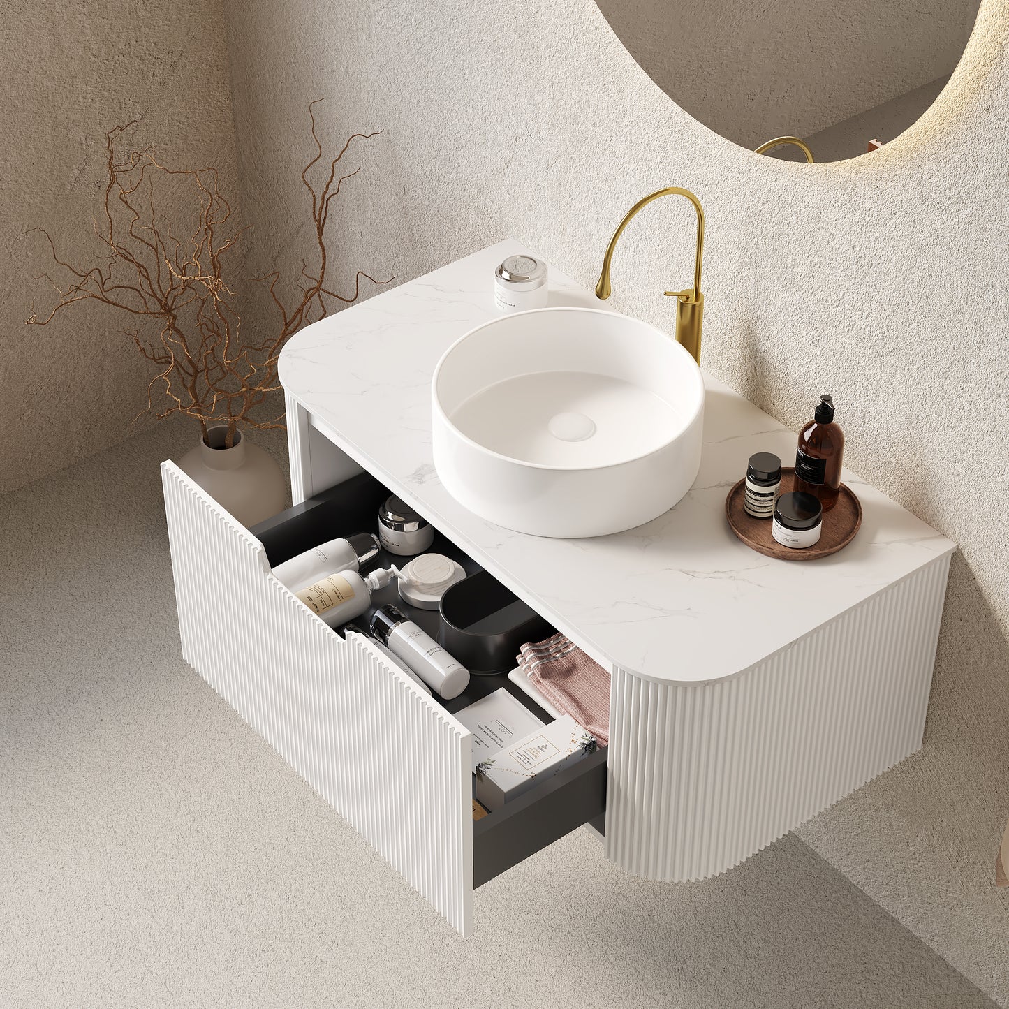 DINA 24" Bathroom Vanity&Sink, Floating Curved Edges Striped Plywood Storage Bathroom Cabinet with Drawer, White Round Ceramic Basin& Carrara White Sintered Stone Top, Pre-assembled, White (New SKU)