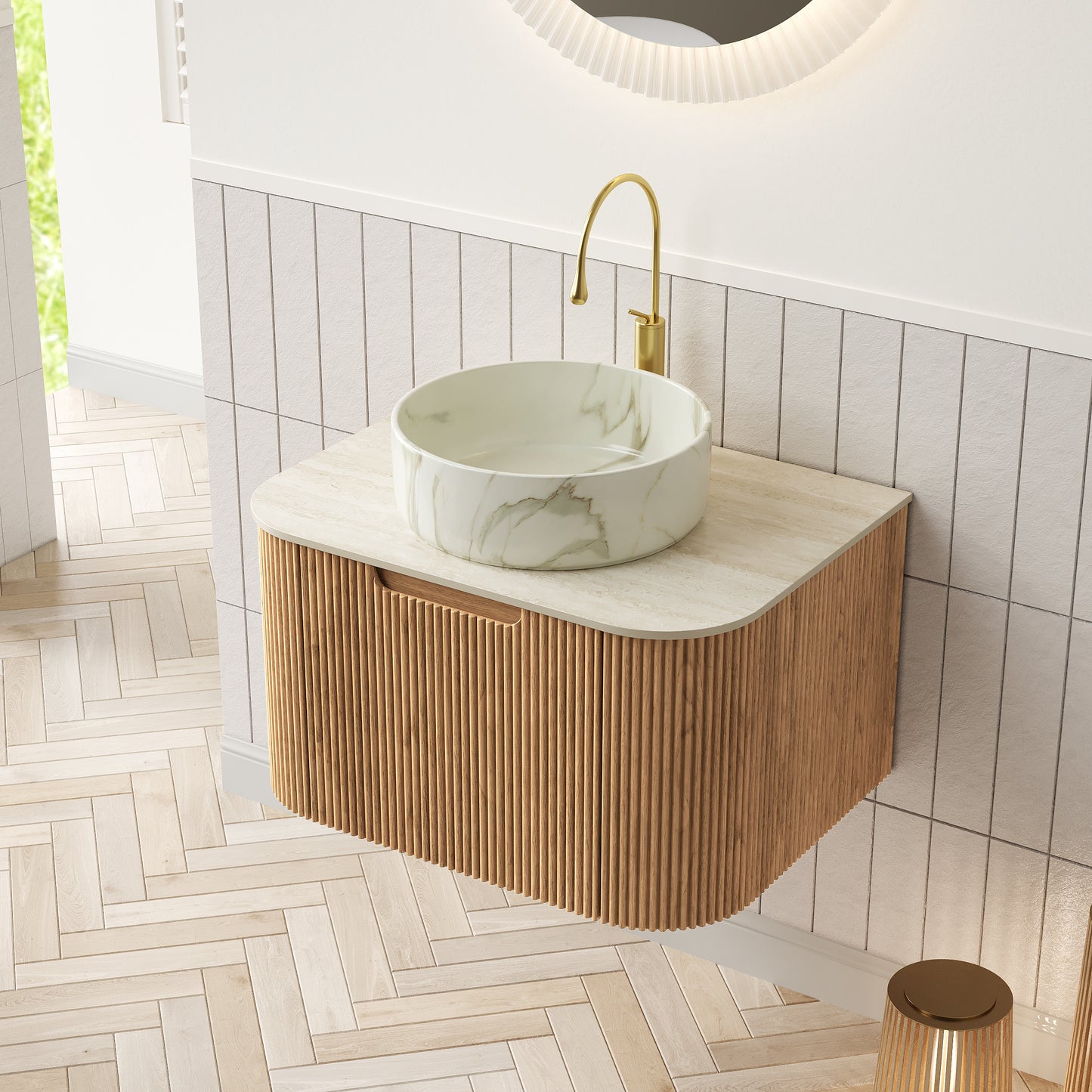 DINA Bathroom Vanity&Sinks, Floating Curved Edges Striped Storage Cabinet, Natural Woodgrain