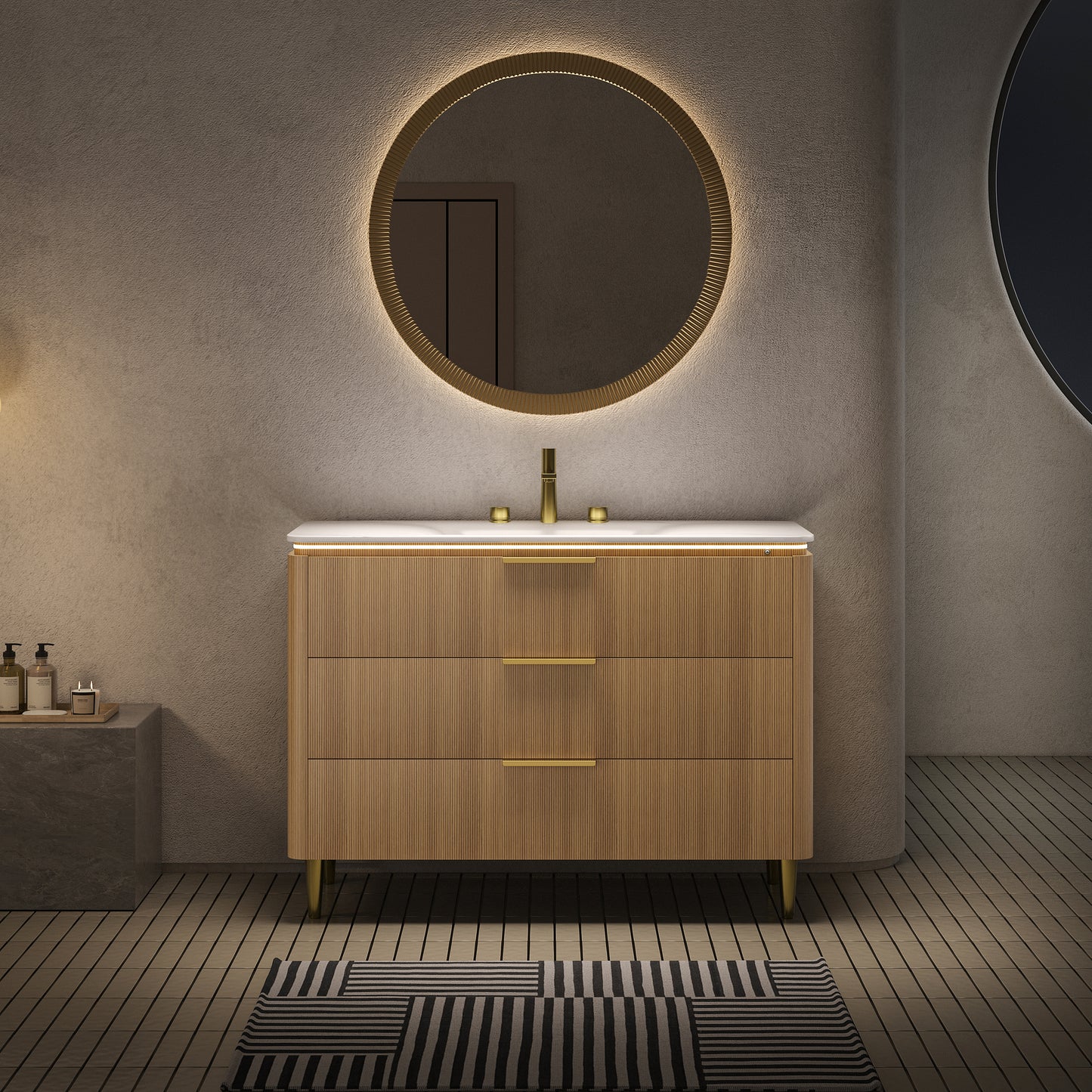 AMARA 36'' Bathroom Vanity&Sink, Freestanding Curved Edges Ultra-Slim Grille Plywood Storage Cabinet, 3 Drawers, Carrara White Sintered Stone Integrated Basin