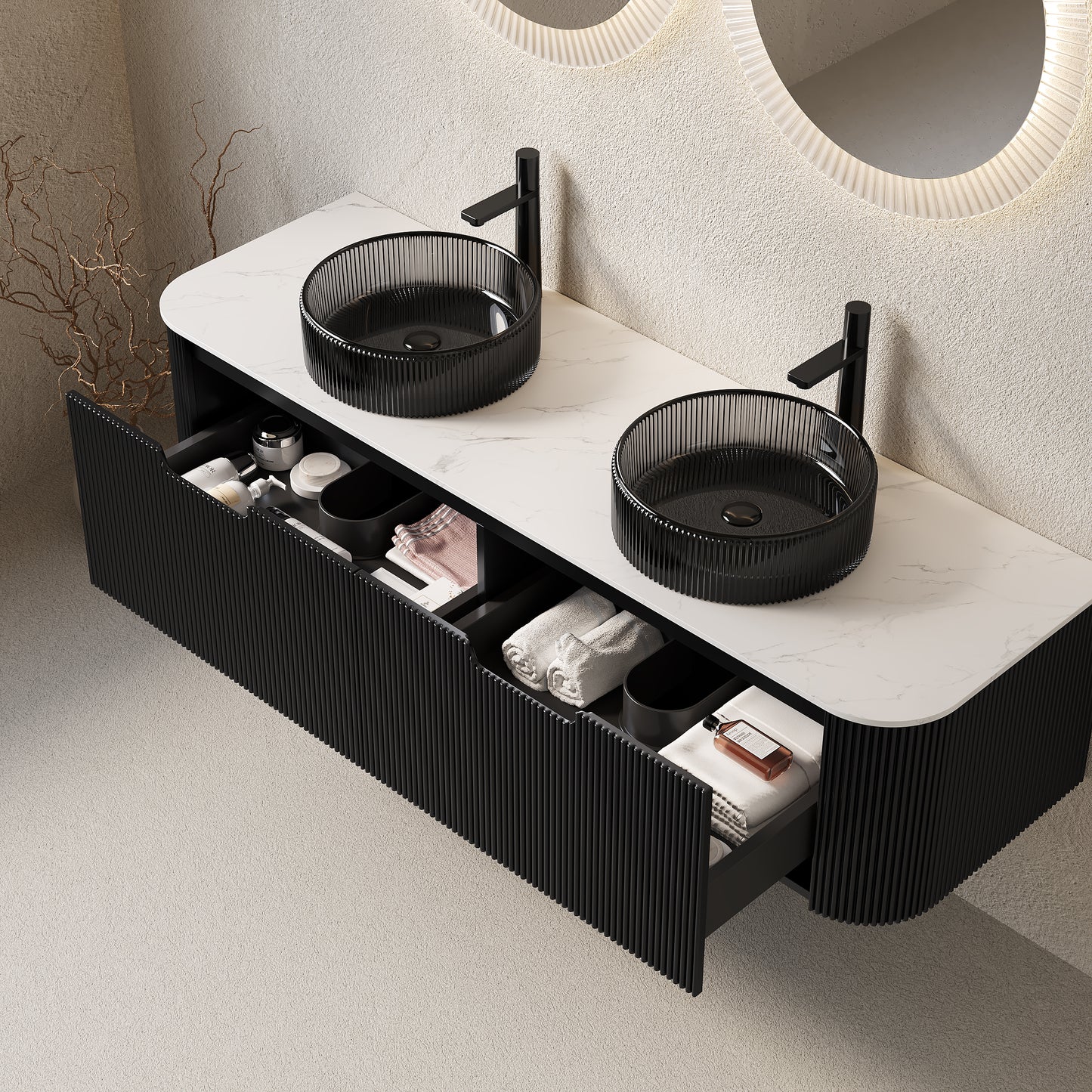 DINA 24" Bathroom Vanity with Sink, Wall-Mounted Curved Edges Striped Storage Cabinet with Drawer, Transparent Black Round Glass Basin and Countertop, Pre-assembled, Black Color