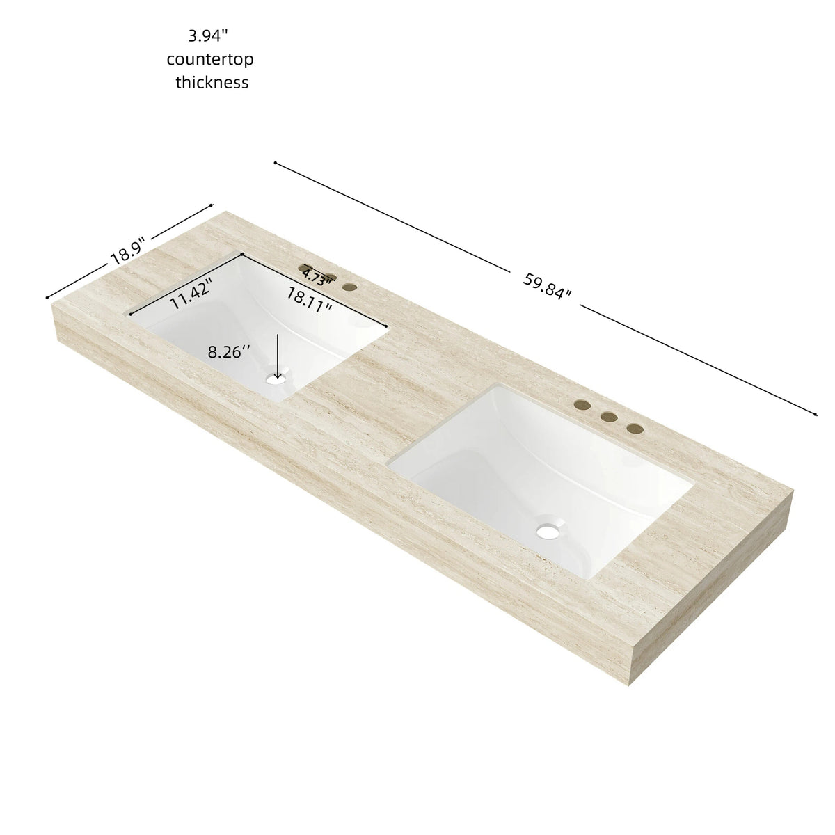 MURI Roma Travertine-Pattern Sintered Stone Countertop and 2 Undermount Ceramic Basins Three Standard Pre-drilled Faucet Holes, NO Cabinet, NO Faucet and Sink Cover