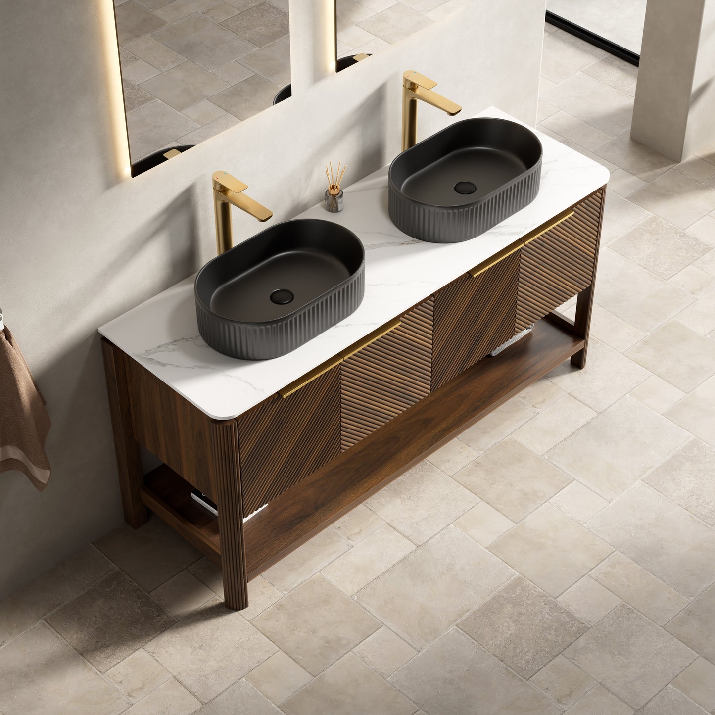 INDIGO 36" Bathroom Vanity&Sink, Freestanding Plywood Storage Cabinet with 2 Diagonal Striped Doors&Open Shelf, Black Striped Oval Ceramic Basin&Carrara White Sintered Stone Top, Dark Walnut Woodgrain