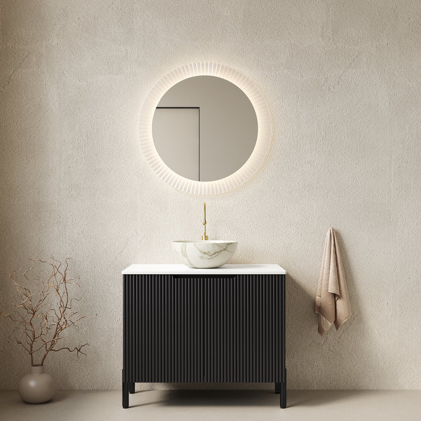 TURIO 24" Bathroom Vanity with Sink, Freestanding Bathroom Storage Cabinet with 2 Doors, Transparent Black Round Glass Basin and Carrara White Sintered Stone Countertop, No Faucet, Black Color