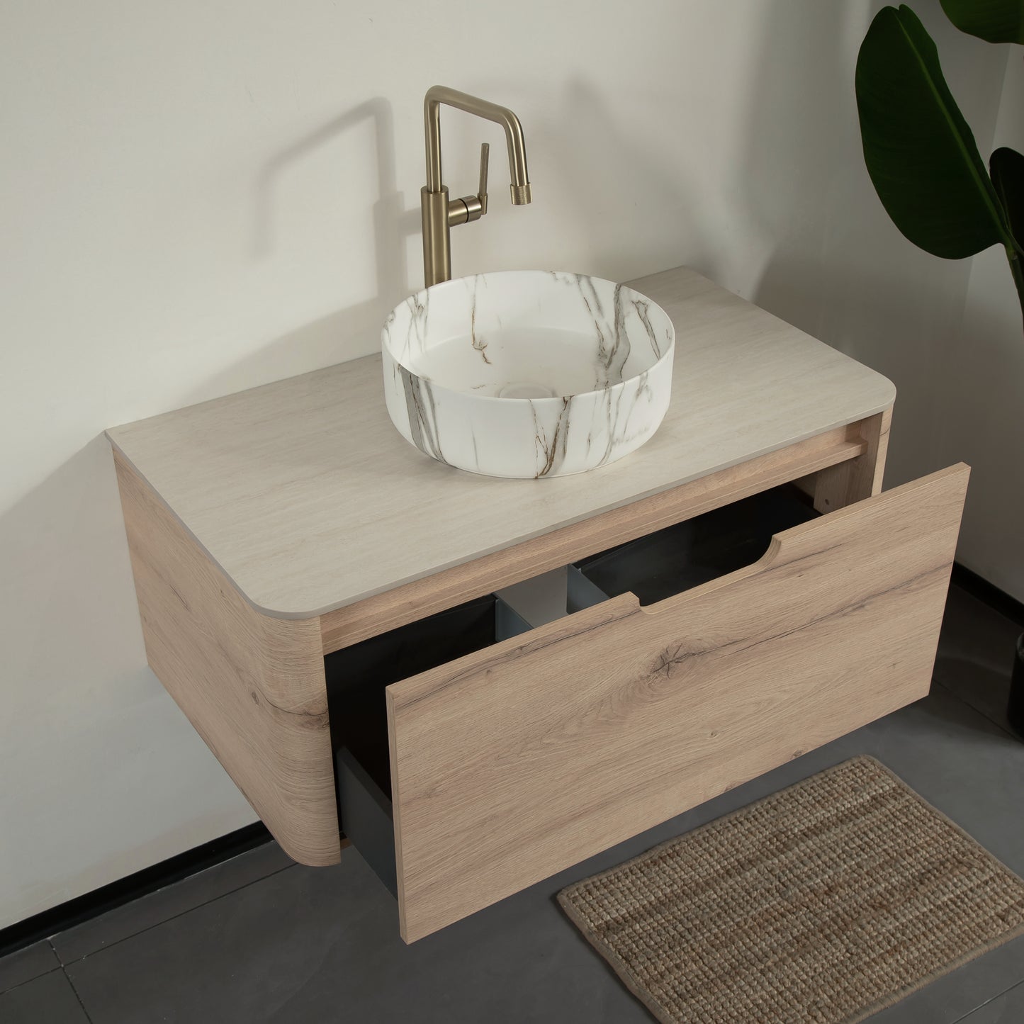 XAI 36" Badezimmerwaschtisch mit Waschbecken, schwebender Sperrholz-Aufbewahrungsschrank mit Schublade, Keramikwaschbecken mit Steinmuster