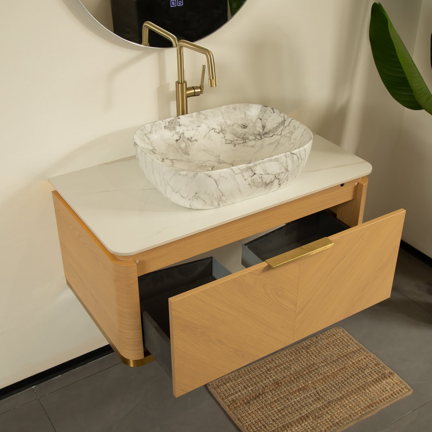 DIPA 60" Badezimmer-Waschtisch und Waschbecken, schwebender Sperrholz-Aufbewahrungsschrank mit 2 Schubladen, Sintersteinplatte