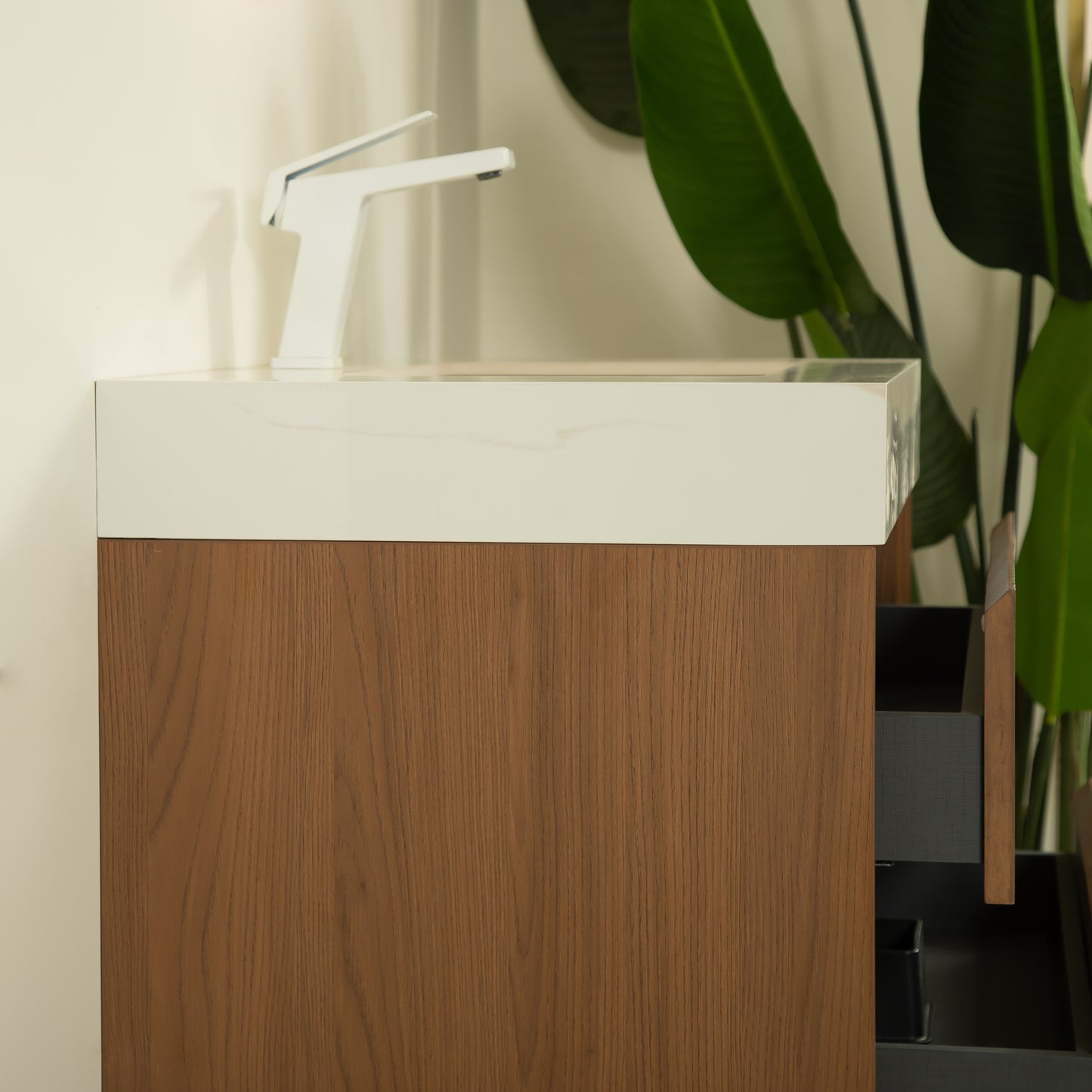 TILLEY 76,2 cm Badezimmer-Waschtisch und Waschbecken, wandmontierter Aufbewahrungsschrank aus gestreiftem Sperrholz mit 2 Schubladen, Calacatta-Gold