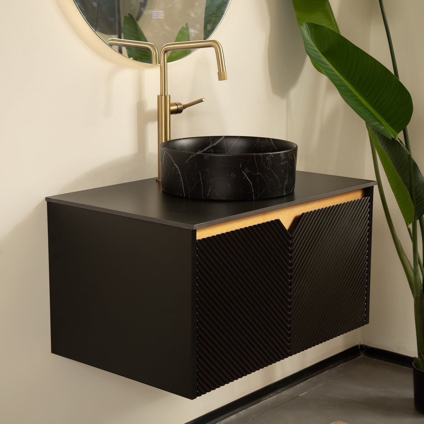 RUBEN 30" Bathroom Vanity&Sink, Wall-Mounted Floating Plywood Storage Cabinet, Black, Black Round Ceramic Vessel Basin