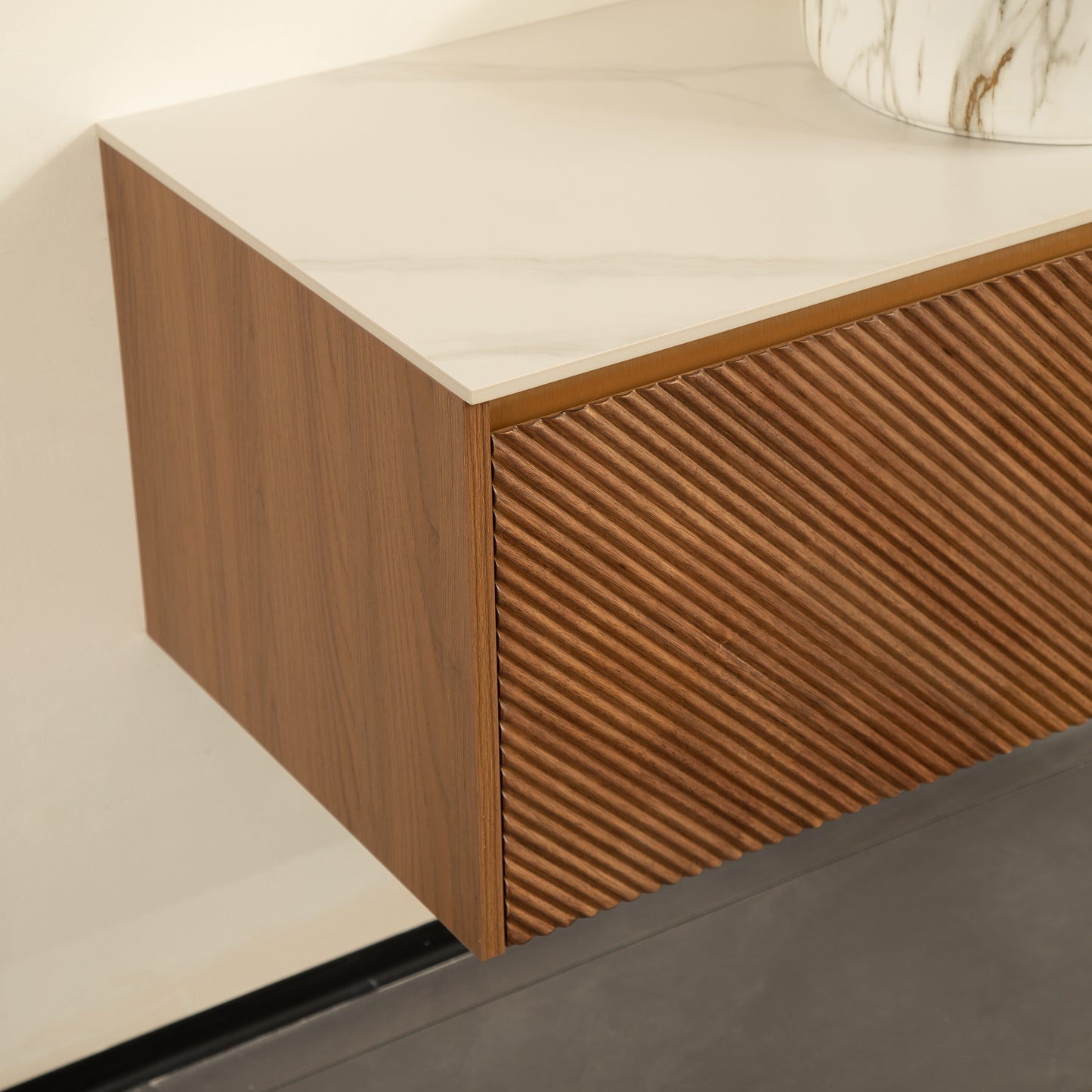 RUBEN 48" Bathroom Vanity&Sink, Floating Plywood Storage Cabinet, Stone Pattern White Round Ceramic Vessel Basin