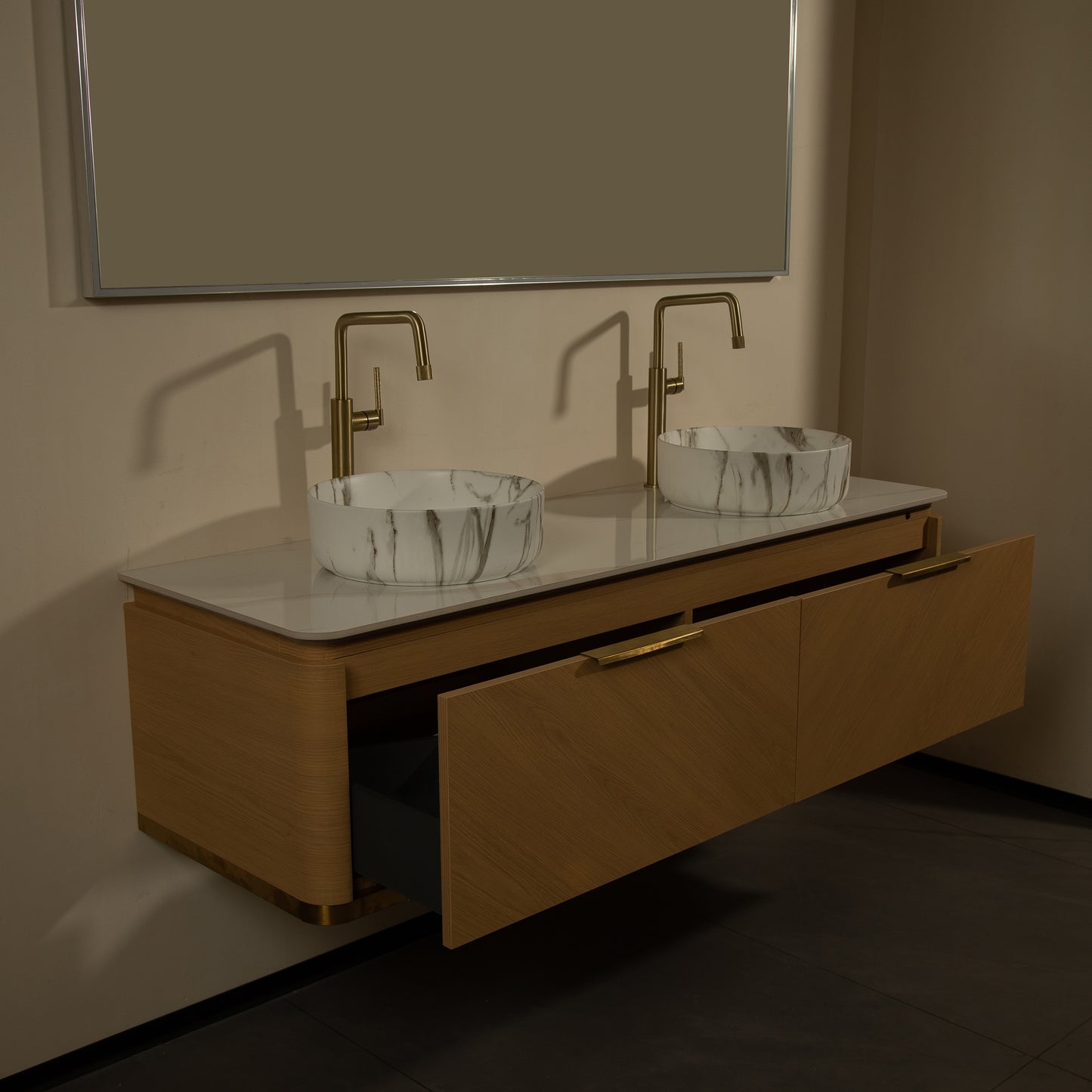 DIPA 60" Badezimmer-Waschtisch und Waschbecken, schwebender Sperrholz-Aufbewahrungsschrank mit Schublade, Eichenholzmaserung