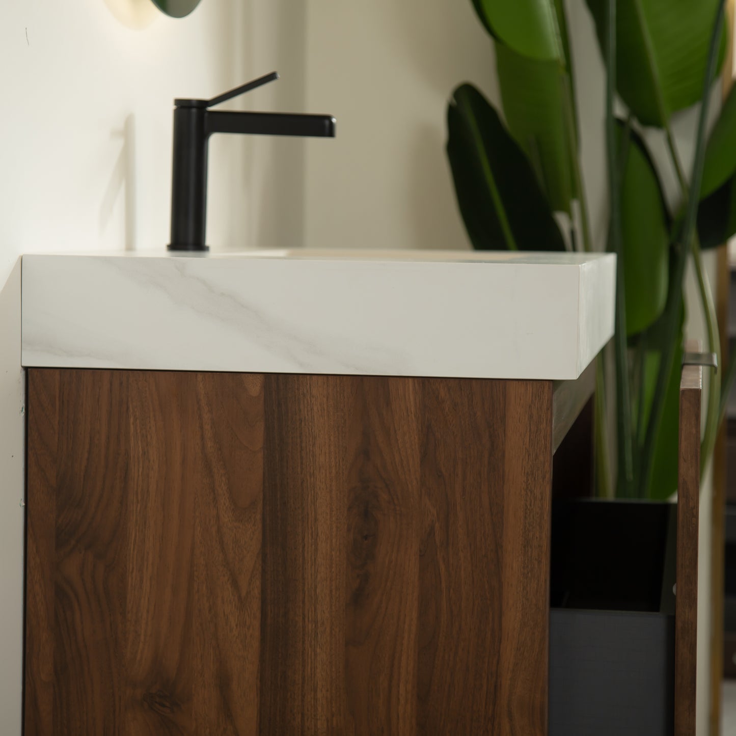 YOLAN 36" Badezimmer-Waschtisch und Waschbecken, freistehender gestreifter Sperrholz-Aufbewahrungsschrank mit Schublade und offenem Regal, Carrara-Weiß,