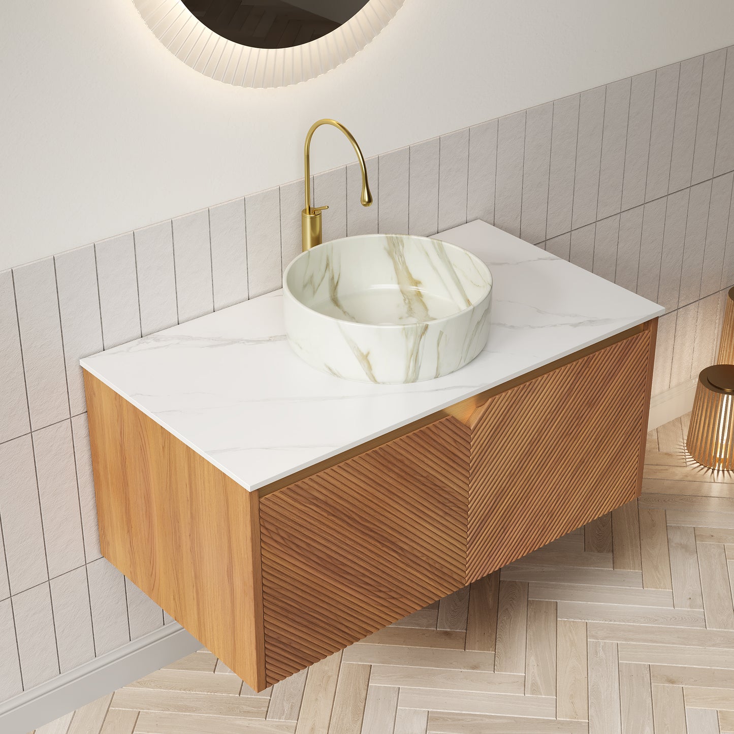 RUBEN 48" Bathroom Vanity&Sink, Floating Plywood Storage Cabinet,  Stone Pattern White Round Ceramic Vessel Basin