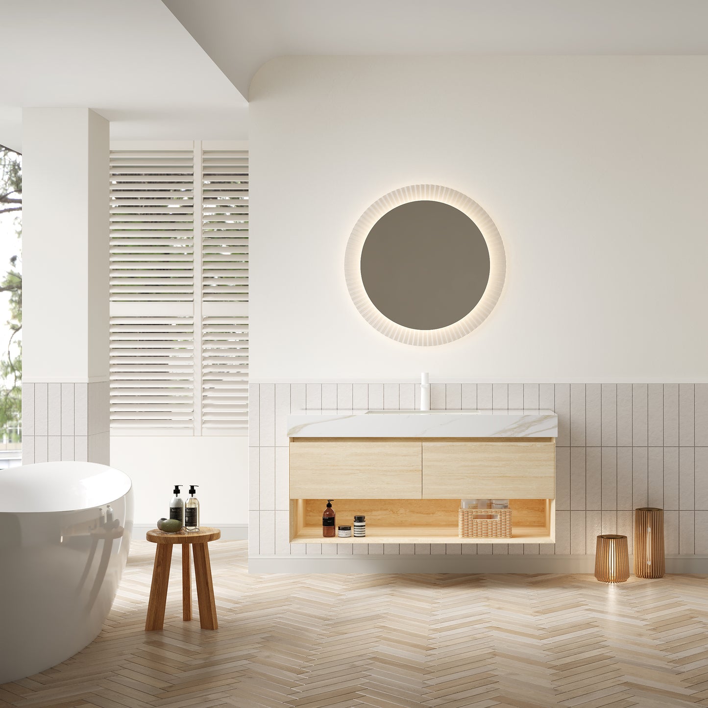 FRIGGA 30" Badezimmer-Waschtisch und Waschbecken, schwebender Sperrholz-Aufbewahrungsschrank, Schublade und Regal mit Sensorlicht