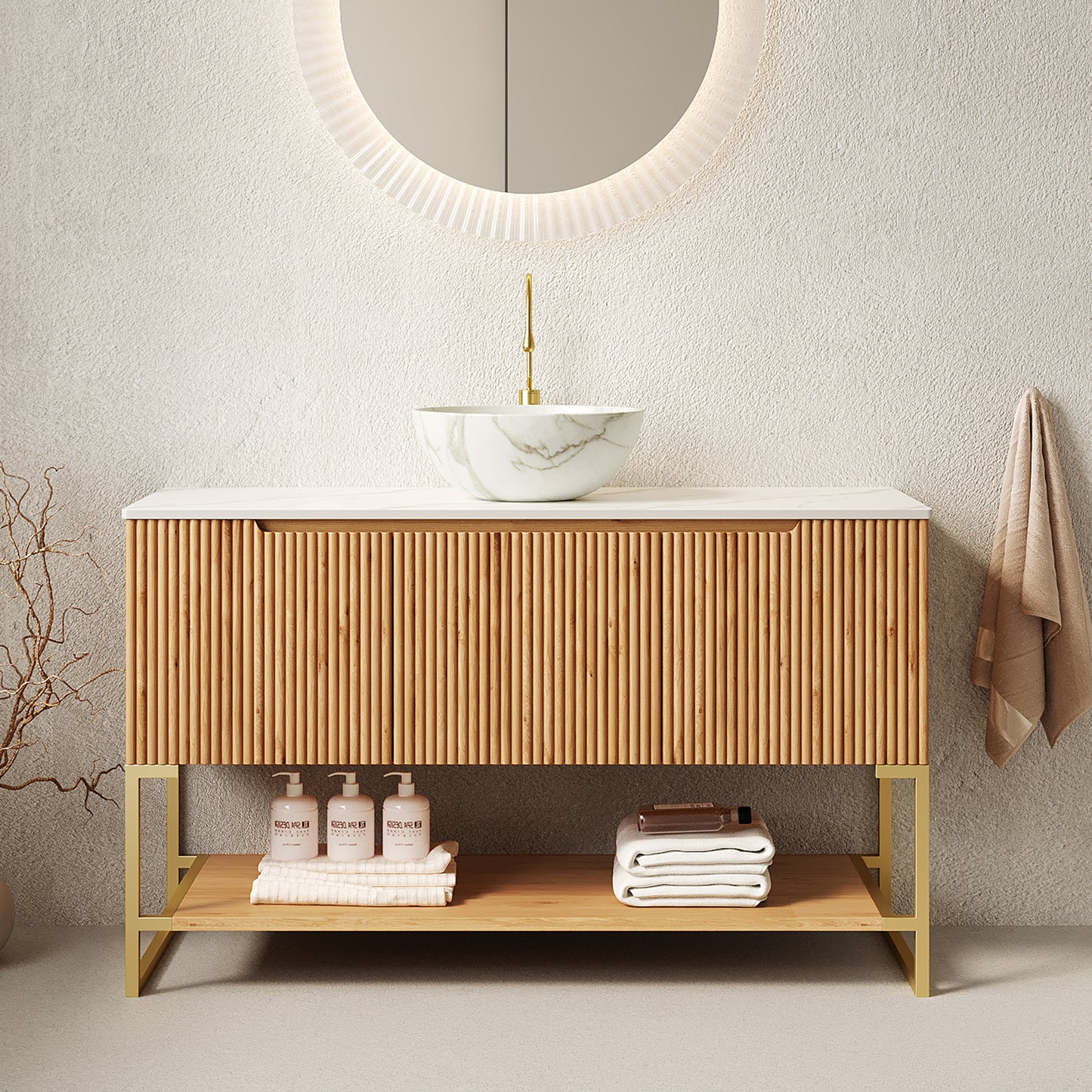 TULIO 48'' Bathroom Vanity&Sink, Freestanding Storage Cabinet with 3 Doors&Open Shelf