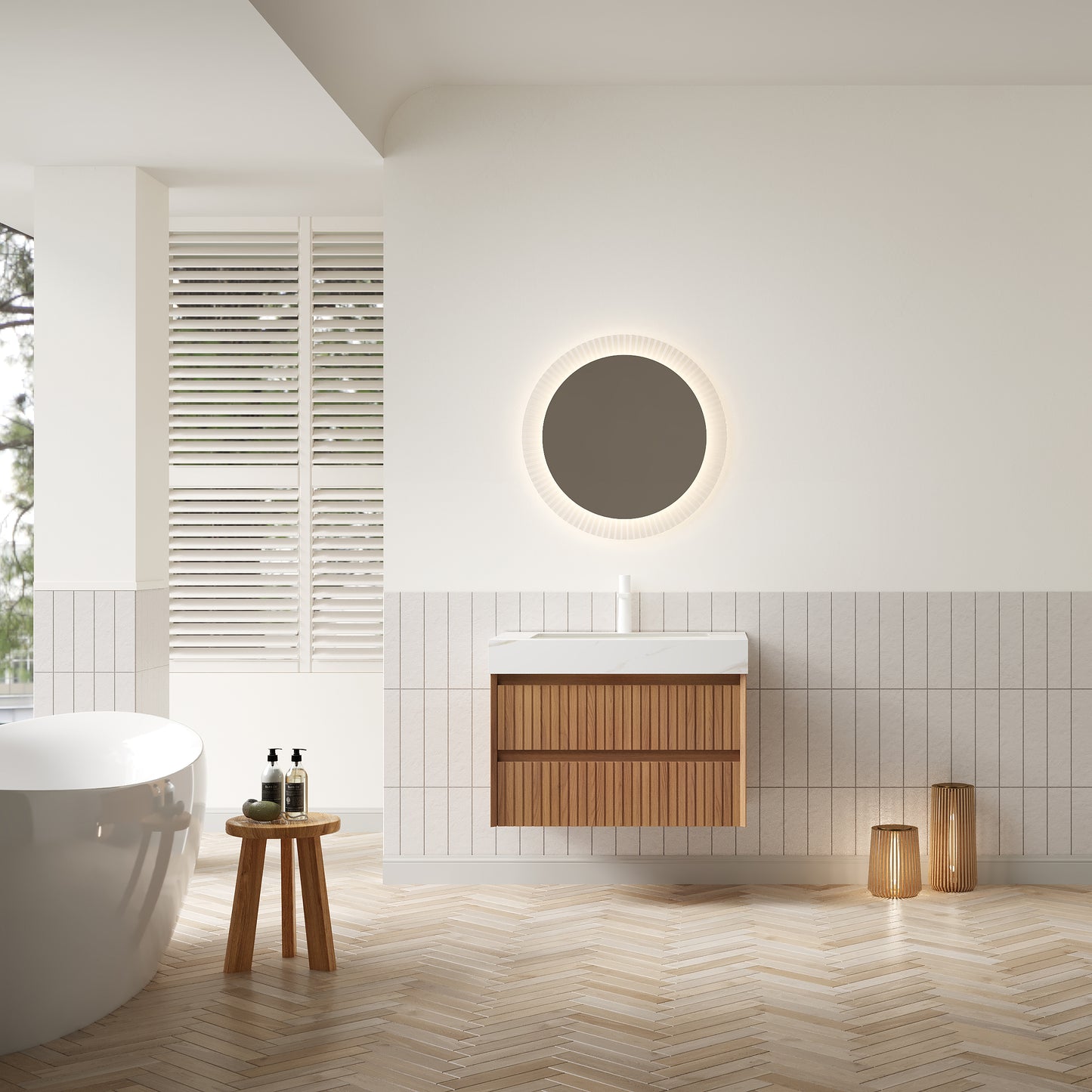 TILLEY 76,2 cm Badezimmer-Waschtisch und Waschbecken, wandmontierter Aufbewahrungsschrank aus gestreiftem Sperrholz mit 2 Schubladen, Calacatta-Gold