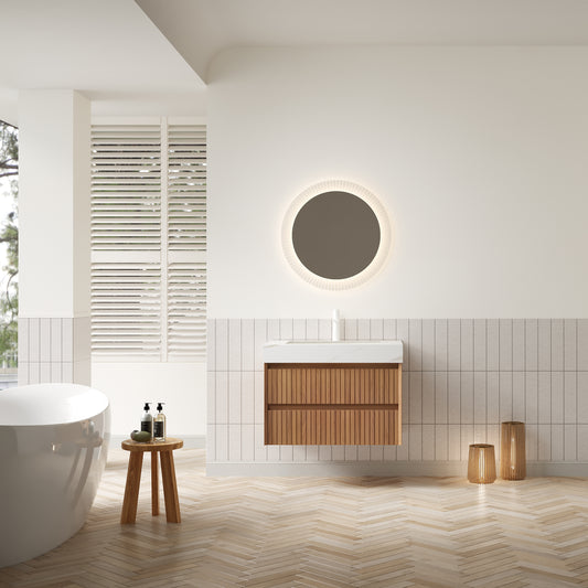 TILLEY 76,2 cm Badezimmer-Waschtisch und Waschbecken, wandmontierter Aufbewahrungsschrank aus gestreiftem Sperrholz mit 2 Schubladen, Calacatta-Gold