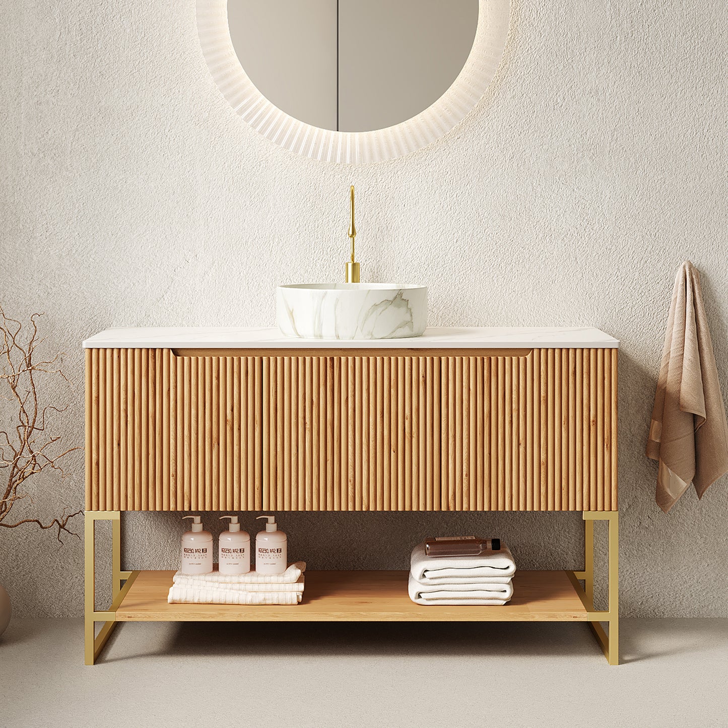TULIO 48'' Bathroom Vanity&Sink, Freestanding Storage Cabinet with 3 Doors&Open Shelf