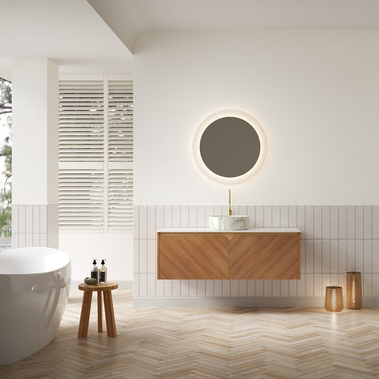 RUBEN 48" Badezimmer-Waschtisch und Waschbecken, schwebender Sperrholz-Aufbewahrungsschrank, rundes weißes Keramik-Waschbecken mit Steinmuster