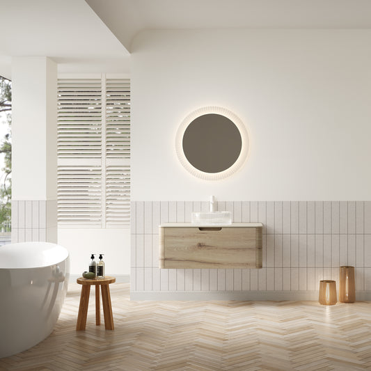 XAI 91,4 cm Badezimmer-Waschtisch mit Waschbecken, schwebender Sperrholz-Aufbewahrungsschrank mit Schublade, transparentes rundes Glasbecken