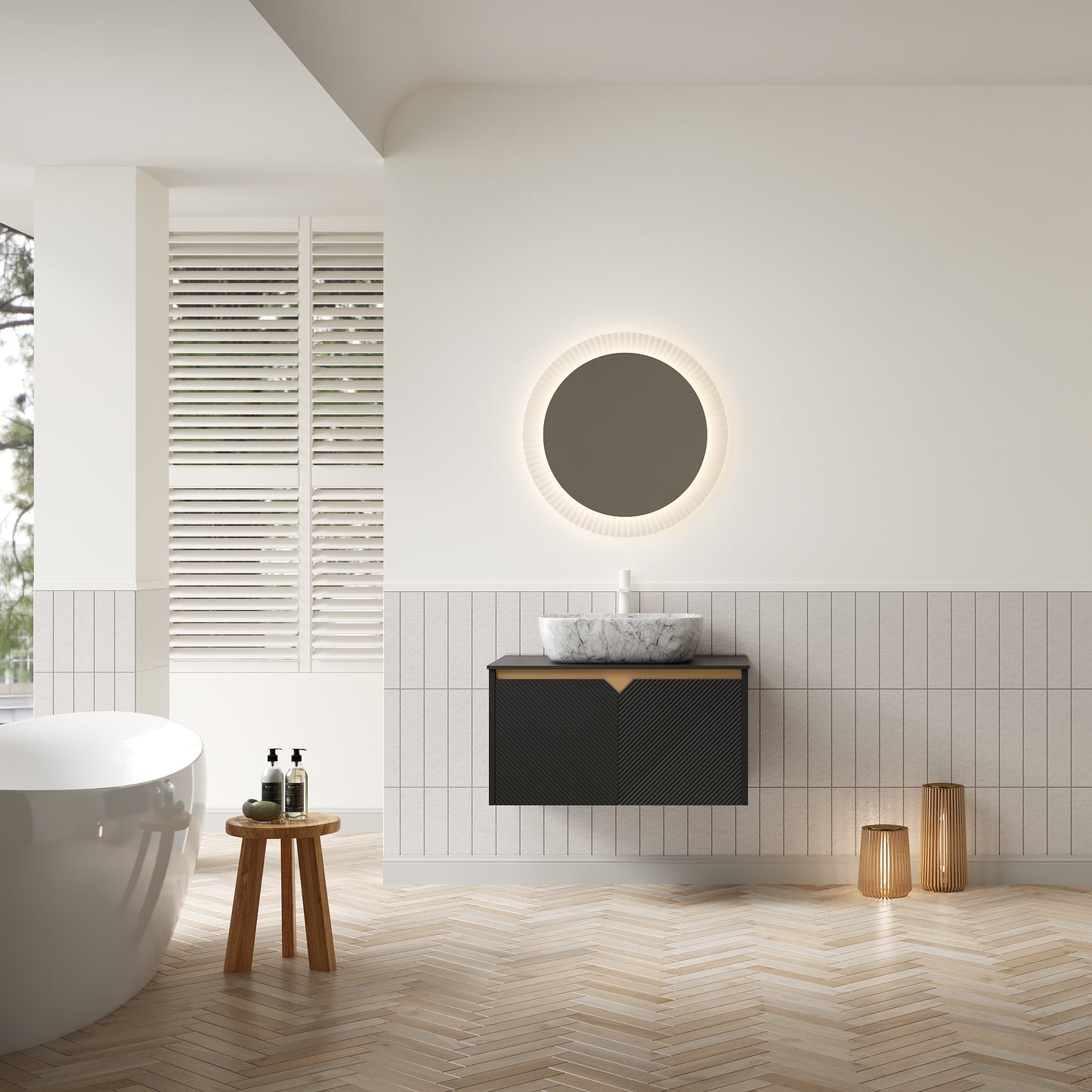 RUBEN 48" Bathroom Vanity&Sink, Wall-Mounted Floating Plywood Storage Cabinet,Black,Marble Pattern Rectangle Ceramic Vessel Basin