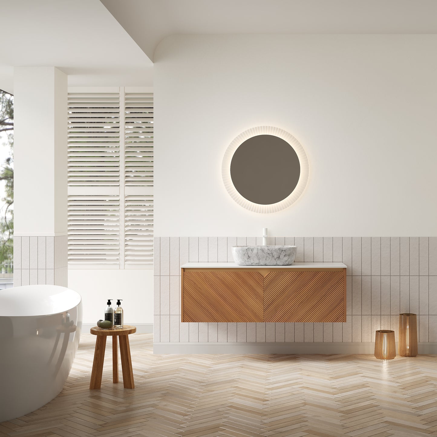 RUBEN 48" Badezimmer-Waschtisch und Waschbecken, schwebender Sperrholz-Aufbewahrungsschrank, Keramik-Waschbecken mit Marmormuster