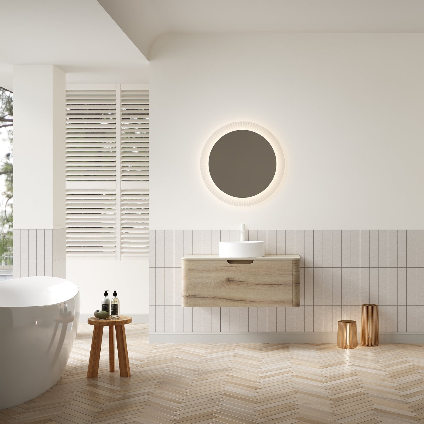 XAI 36" Badezimmerwaschtisch mit Waschbecken, Wandmontierter Sperrholzschrank mit Schublade, Weißes rundes Keramikbecken