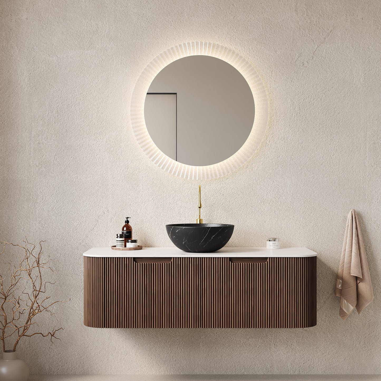 DINA 24" Bathroom Vanity&Sink, Floating Curved Edges Striped Storage Cabinet with Drawer, Stone Black Round Ceramic Basin&Carrara White Sintered Stone Top, Pre-assembled, Dark Walnut Woodgrain Color