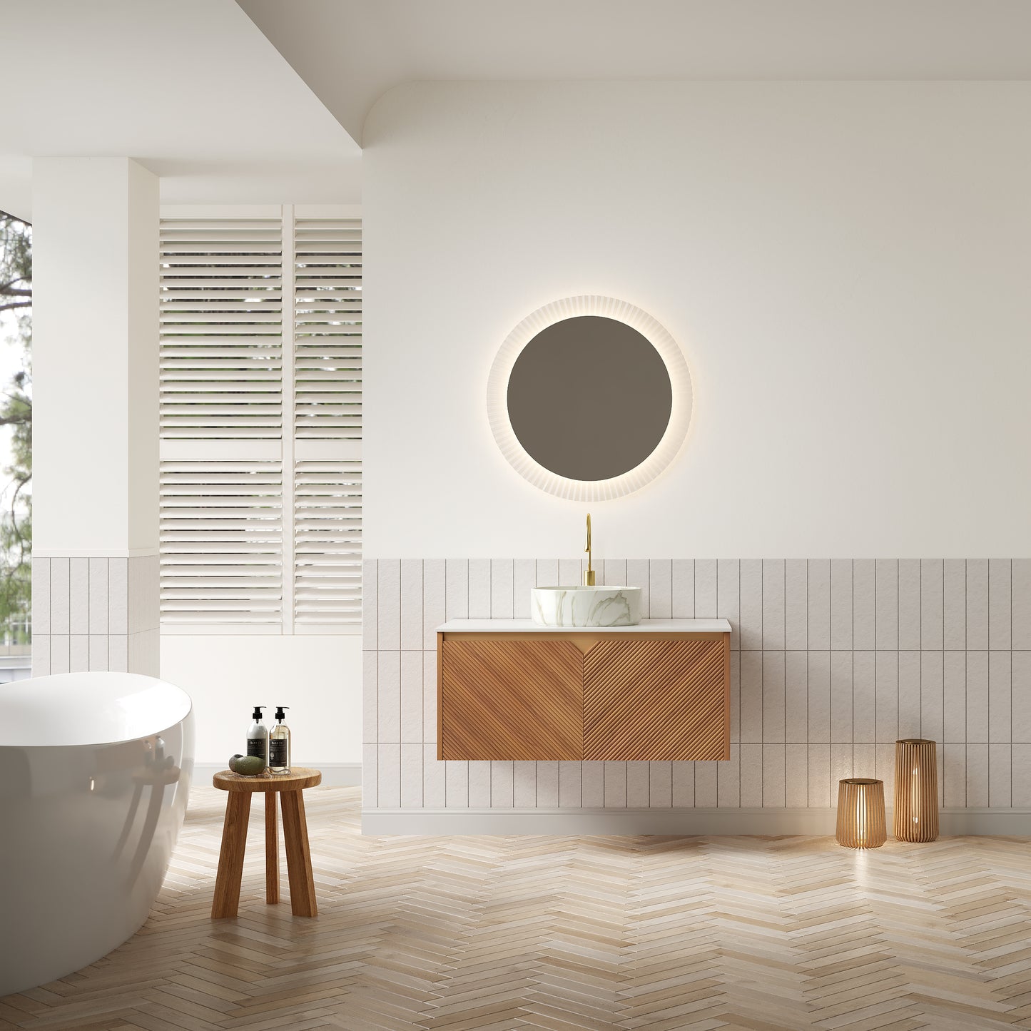 RUBEN 48" Bathroom Vanity&Sink, Floating Plywood Storage Cabinet,  Stone Pattern White Round Ceramic Vessel Basin