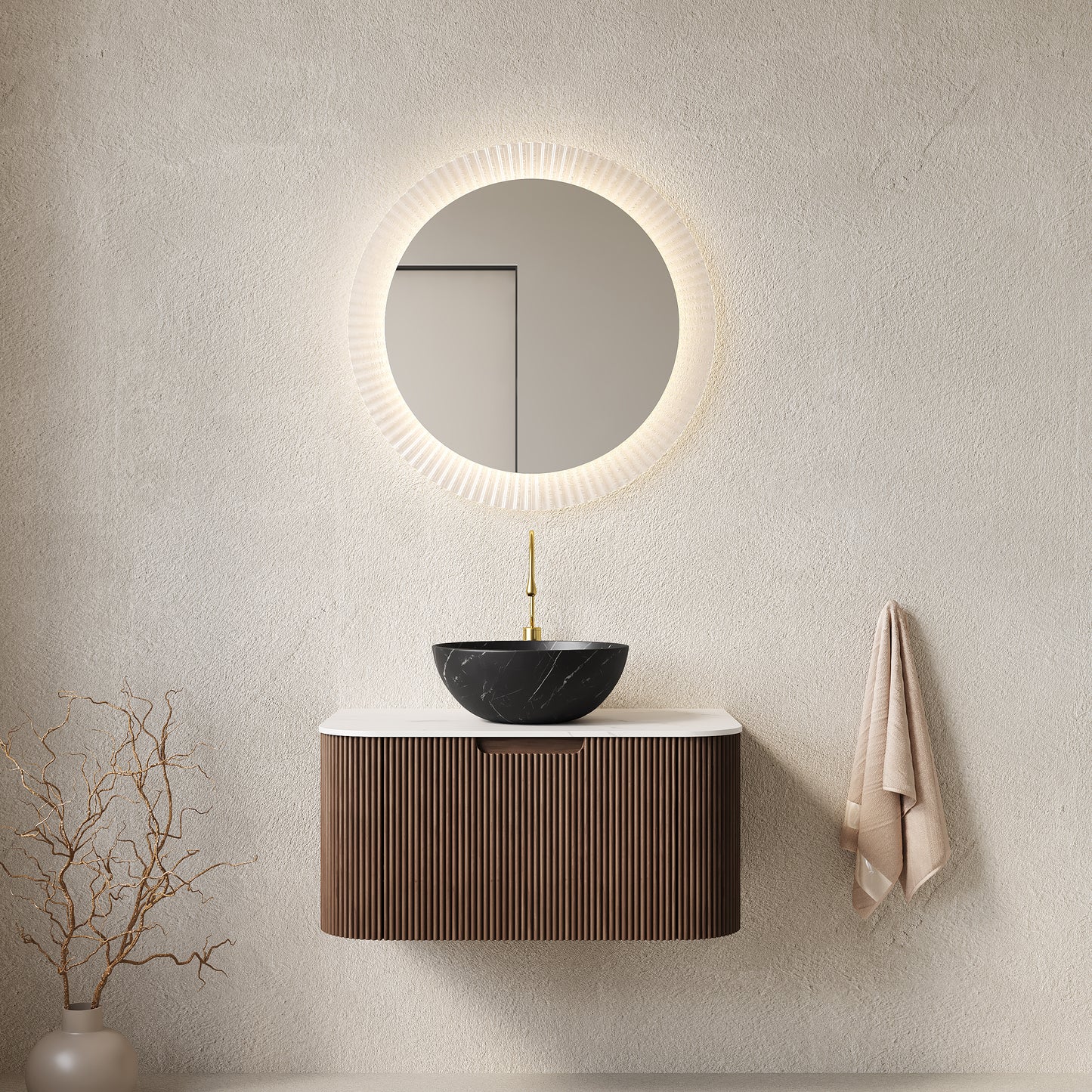 DINA 24" Bathroom Vanity&Sink, Floating Curved Edges Striped Storage Cabinet with Drawer, Stone Black Round Ceramic Basin&Carrara White Sintered Stone Top, Pre-assembled, Dark Walnut Woodgrain Color