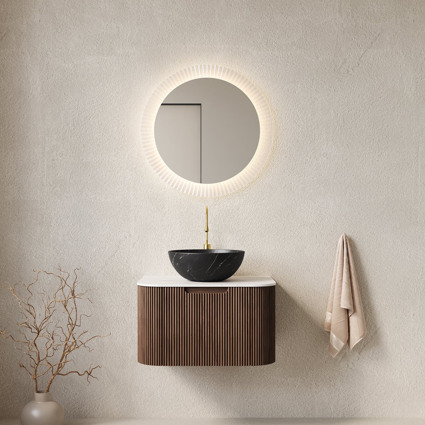 DINA 24" Bathroom Vanity&Sink, Floating Curved Edges Striped Storage Cabinet with Drawer, Stone Black Round Ceramic Basin&Carrara White Sintered Stone Top, Pre-assembled, Dark Walnut Woodgrain Color