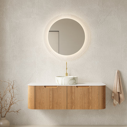 DINA Bathroom Vanity&Sinks, Floating Curved Edges Striped Storage Cabinet, Natural Woodgrain