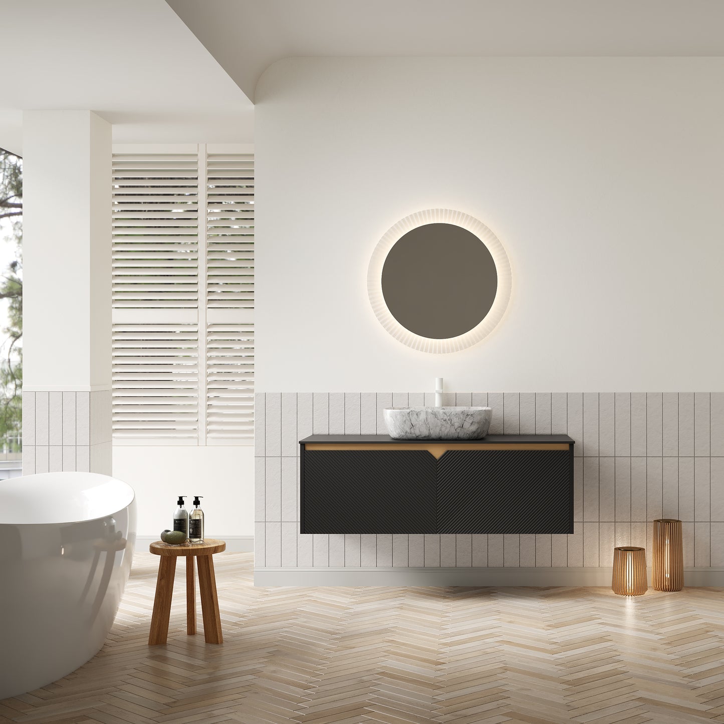 RUBEN 48" Bathroom Vanity&Sink, Wall-Mounted Floating Plywood Storage Cabinet,Black,Marble Pattern Rectangle Ceramic Vessel Basin