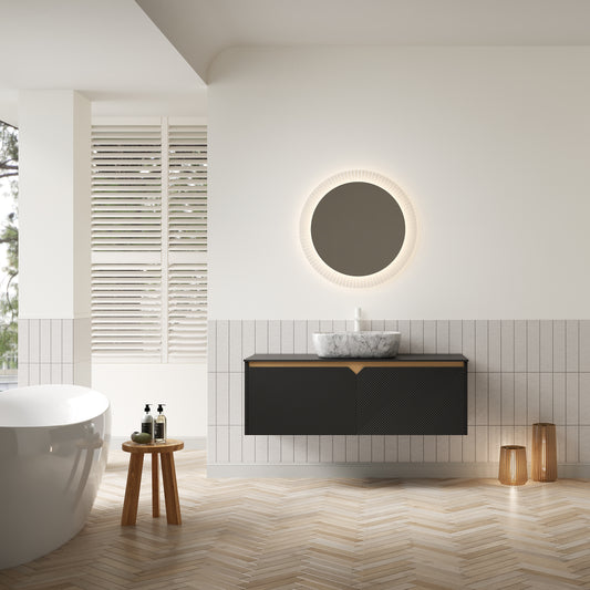 RUBEN 48" Badezimmer-Waschtisch und Waschbecken, schwebender Wandschrank aus Sperrholz, schwarz, rechteckiges Keramik-Waschbecken mit Marmormuster