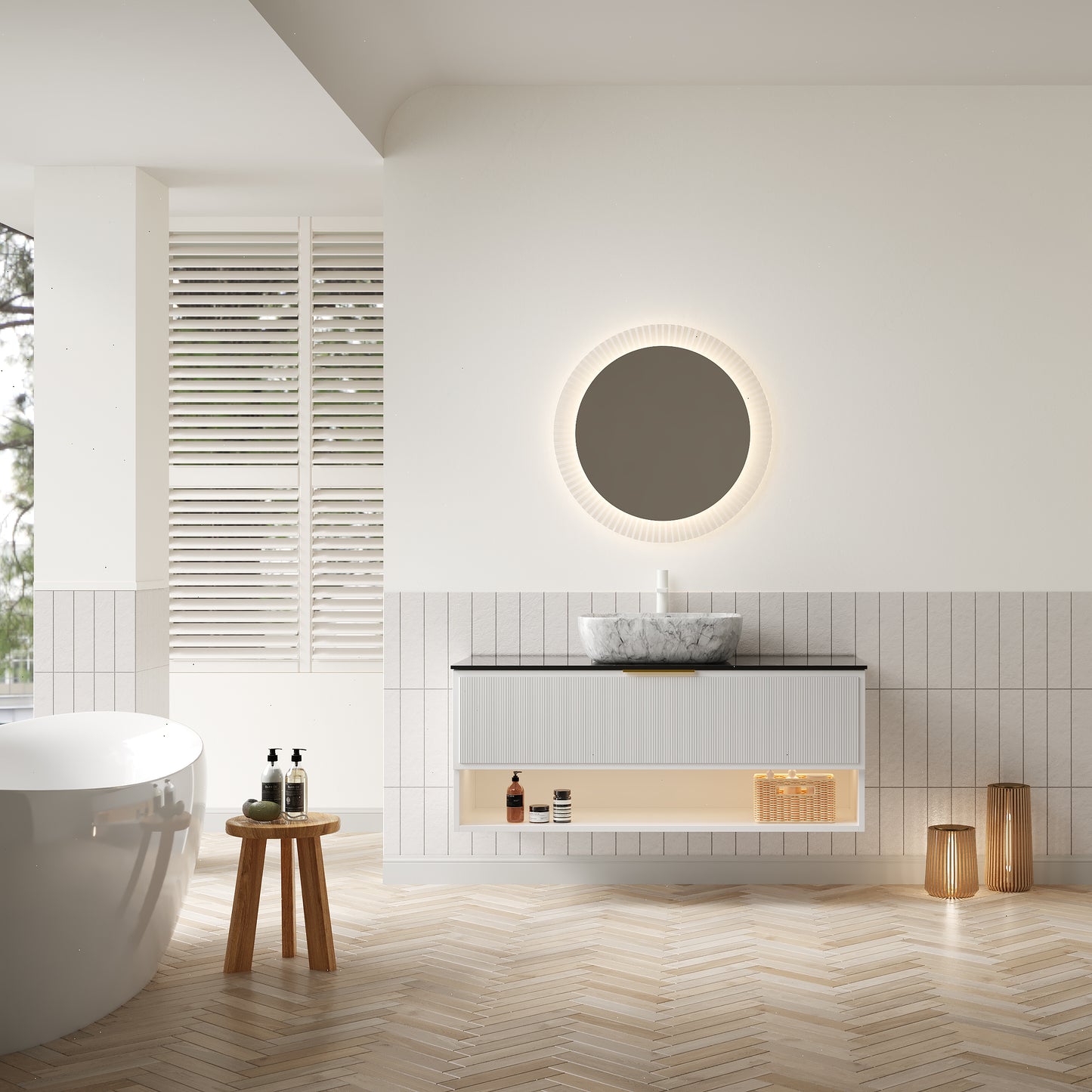 MALONE 48" Badezimmer-Waschtisch mit Waschbecken, schwebender Sperrholz-Aufbewahrungsschrank