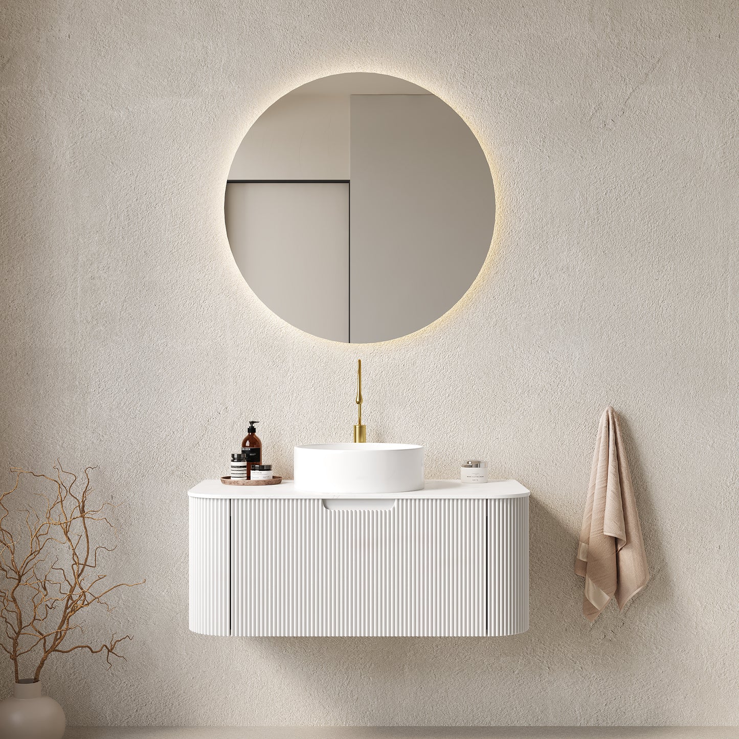 DINA 24" Bathroom Vanity&Sink, Floating Curved Edges Striped Plywood Storage Bathroom Cabinet with Drawer, White Round Ceramic Basin& Carrara White Sintered Stone Top, Pre-assembled, White (New SKU)