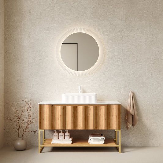 TULIO 48" Bathroom Vanity&Sink, Freestanding Storage Cabinet with 3 Doors&Open Shelf, White Bowl Ceramic Vessel Basin with Stone Pattern&Carrara White Sintered Stone Countertop, Woodgrain Color