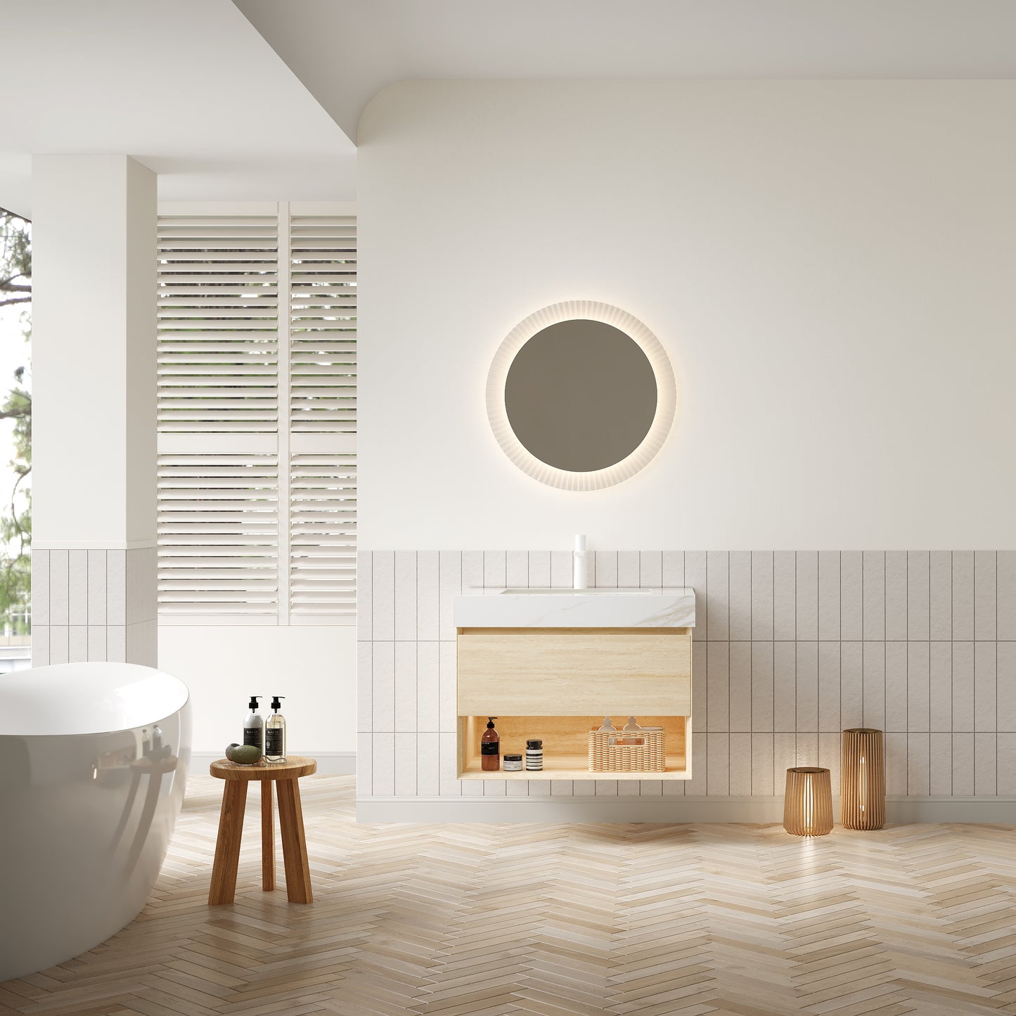 FRIGGA 30" Badezimmer-Waschtisch und Waschbecken, schwebender Sperrholz-Aufbewahrungsschrank, Schublade und Regal mit Sensorlicht