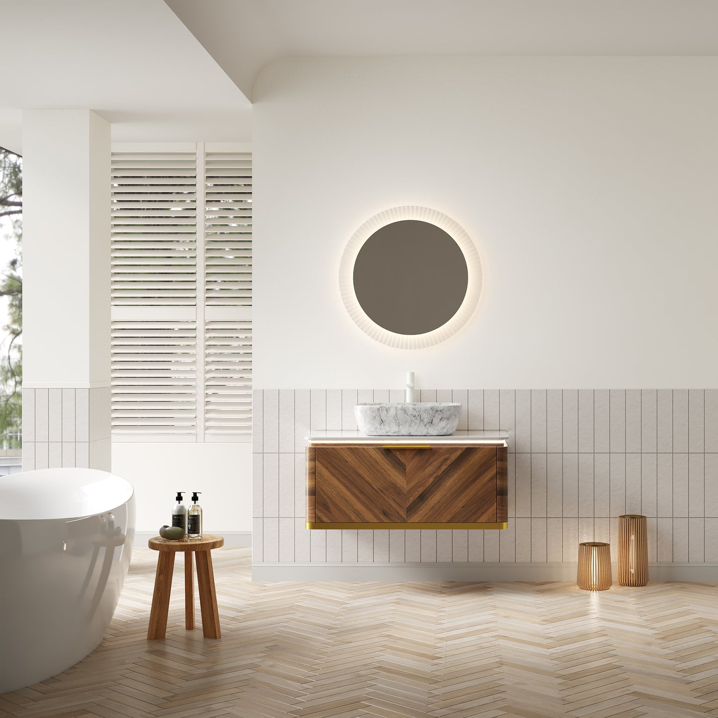 DIPA 60" Badezimmer-Waschtisch und Waschbecken, schwebender Sperrholz-Aufbewahrungsschrank, dunkle Walnussholzmaserung, gesinterte Steinplatte