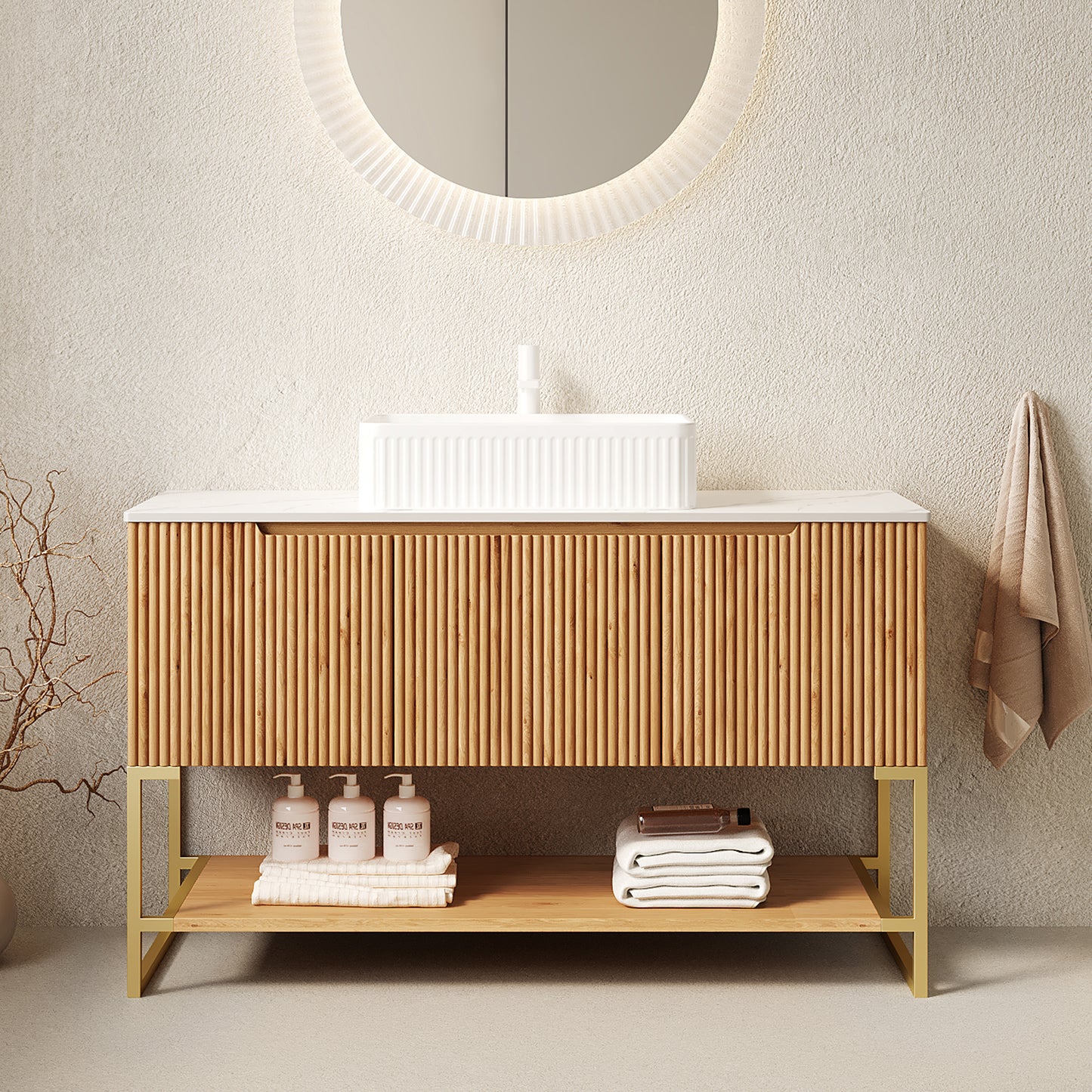 TULIO 48'' Bathroom Vanity&Sink, Freestanding Storage Cabinet with 3 Doors&Open Shelf