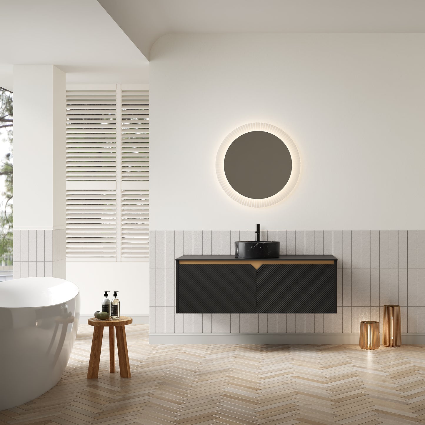 RUBEN 30" Bathroom Vanity&Sink, Wall-Mounted Floating Plywood Storage Cabinet, Black, Black Round Ceramic Vessel Basin