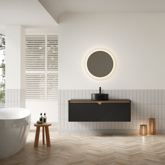 RUBEN 30" Badezimmer-Waschtisch und Waschbecken, Wandmontierter schwebender Sperrholz-Aufbewahrungsschrank, Schwarz, Schwarzes rundes Keramik-Aufsatzwaschbecken 