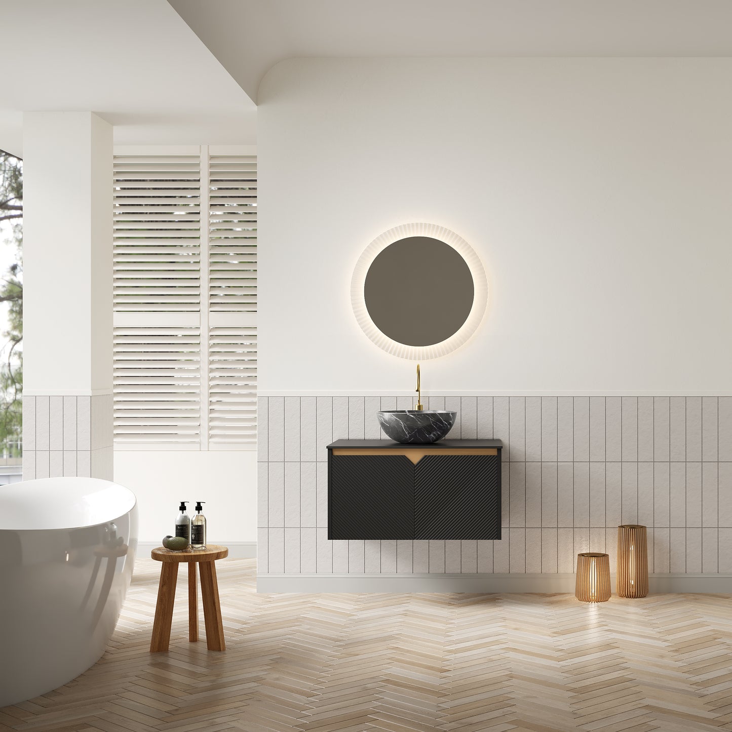 RUBEN 48" Bathroom Vanity&Sink, Wall-Mounted Floating Plywood Storage Cabinet, Black,Black Bowl Ceramic Vessel Basin