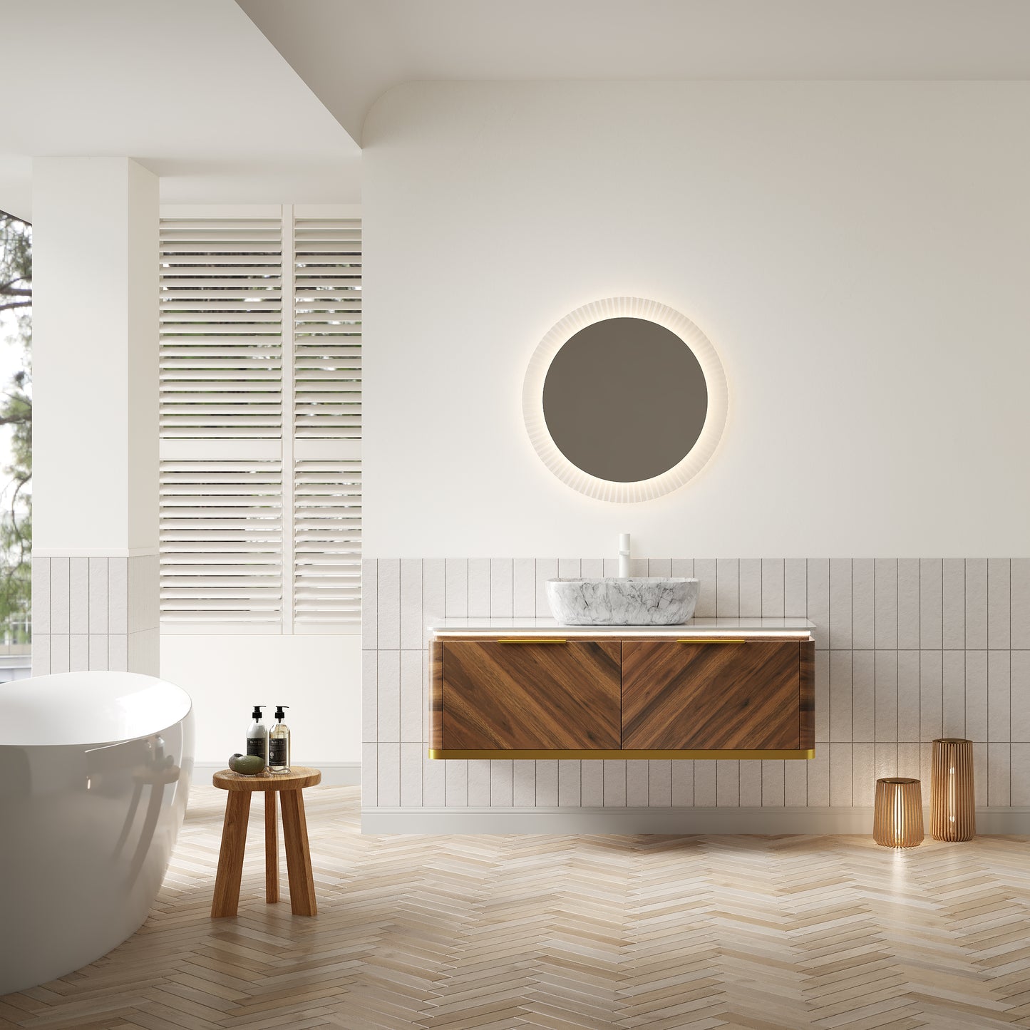 DIPA 60" Badezimmer-Waschtisch und Waschbecken, schwebender Sperrholz-Aufbewahrungsschrank, dunkle Walnussholzmaserung, gesinterte Steinplatte