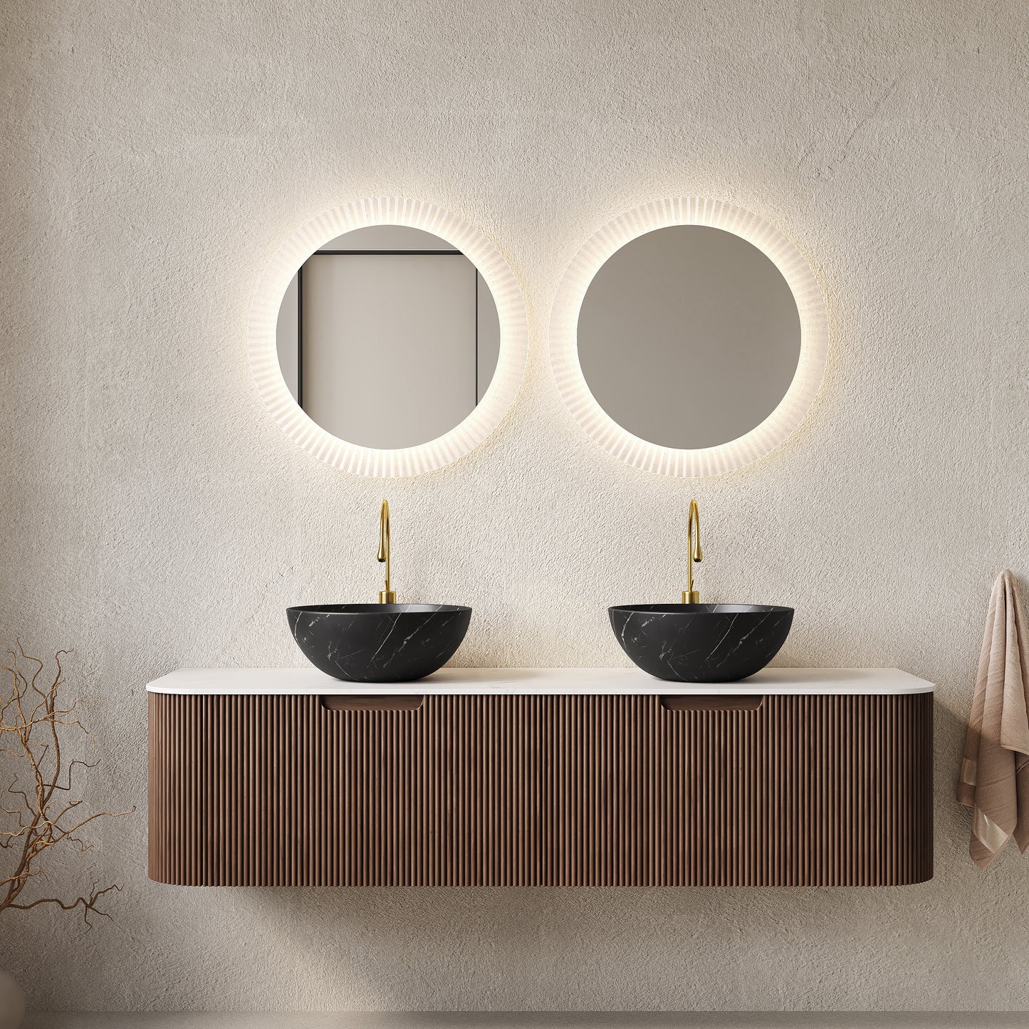 DINA 24" Bathroom Vanity&Sink, Floating Curved Edges Striped Storage Cabinet with Drawer, Stone Black Round Ceramic Basin&Carrara White Sintered Stone Top, Pre-assembled, Dark Walnut Woodgrain Color