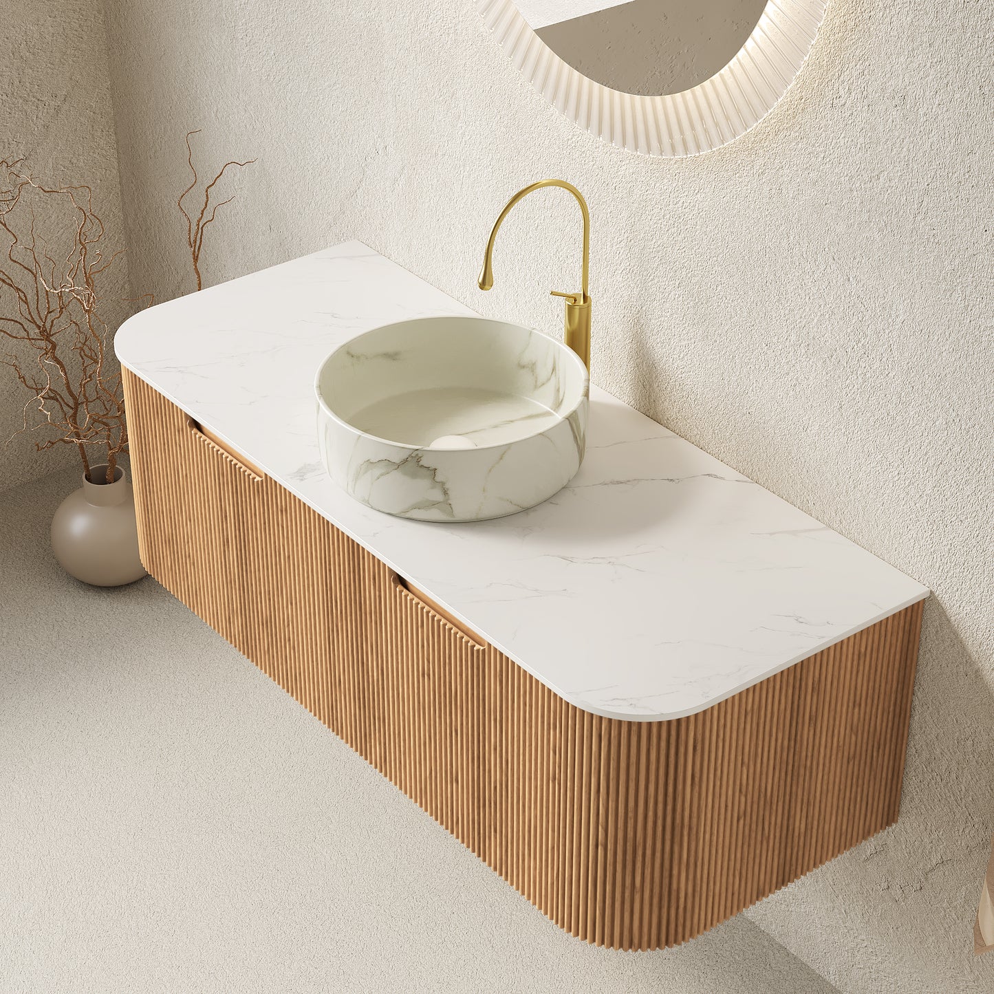DINA Bathroom Vanity&Sinks, Floating Curved Edges Striped Storage Cabinet, Natural Woodgrain