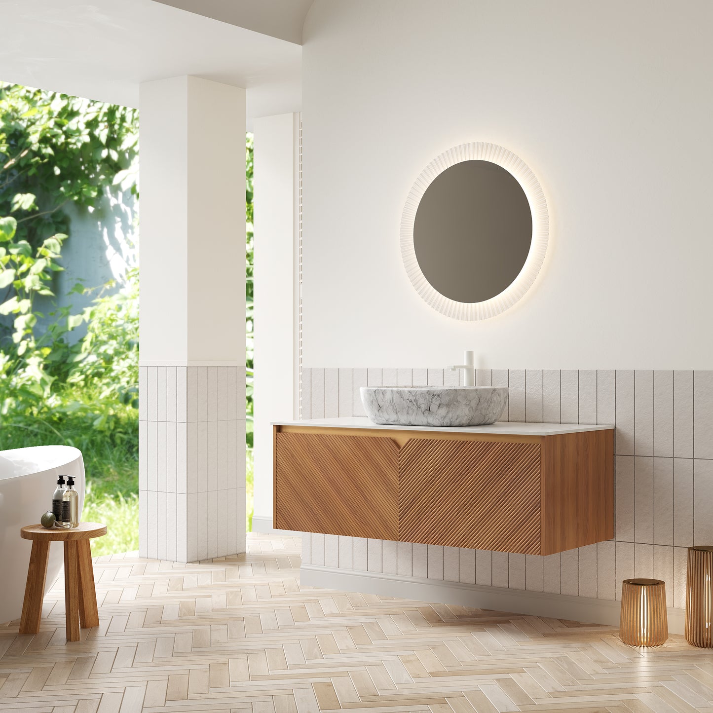 RUBEN 48" Badezimmer-Waschtisch und Waschbecken, schwebender Sperrholz-Aufbewahrungsschrank, Keramik-Waschbecken mit Marmormuster