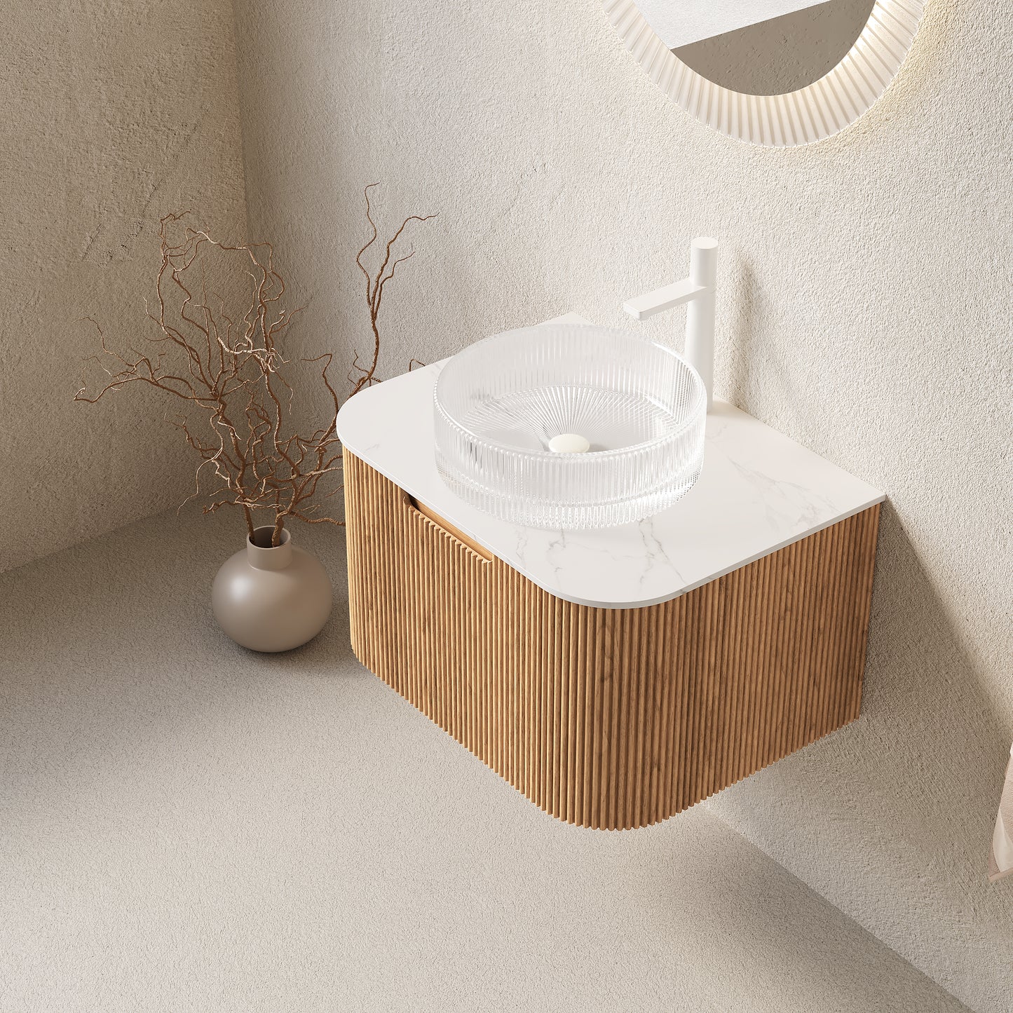 DINA Bathroom Vanity&Sinks, Floating Curved Edges Striped Storage Cabinet, Natural Woodgrain