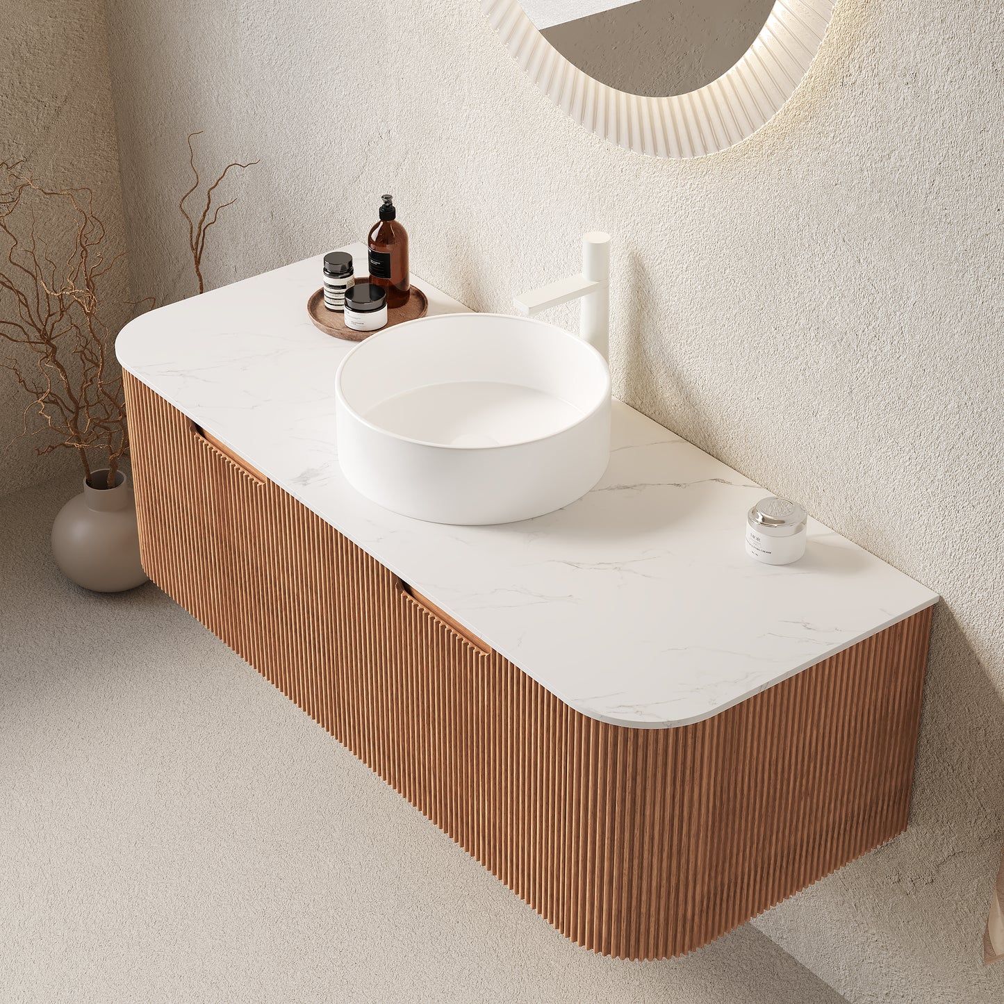 DINA Bathroom Vanity&Sinks, Floating Curved Edges Striped Storage Cabinet, Natural Woodgrain
