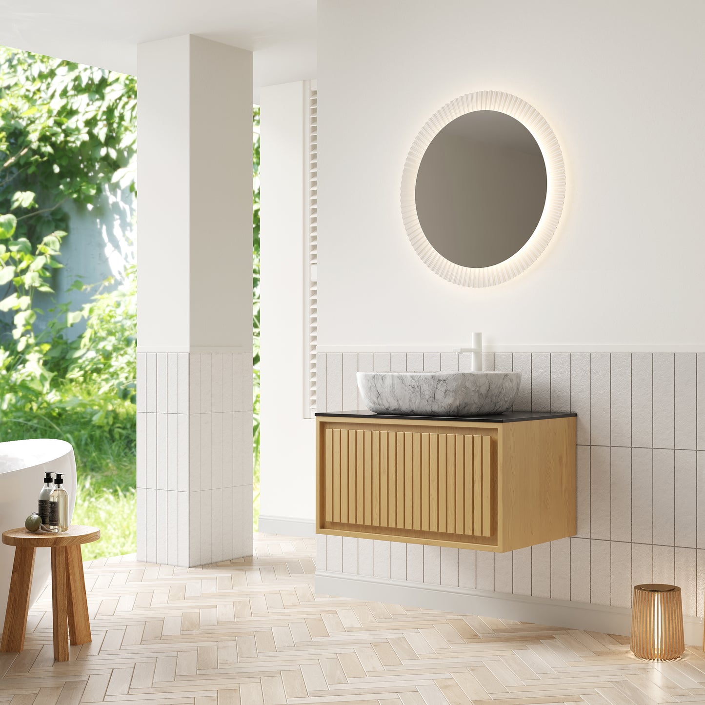 KOLAS 30" Bathroom Vanity&Sink, Wall-Mounted Plywood Bathroom Storage Cabinet with Drawer, Marble Pattern Ceramic Vessel Basin&Black Sintered Stone Top