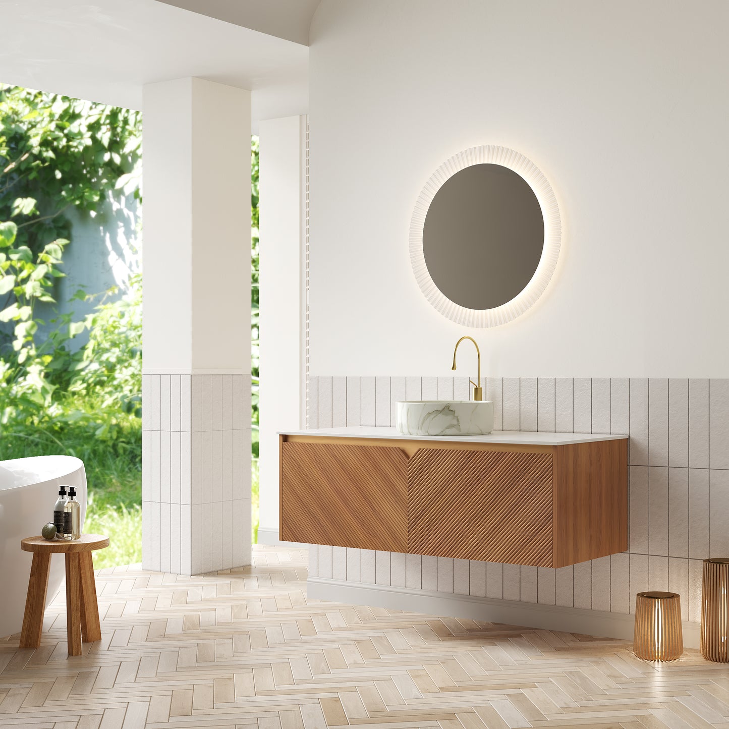 RUBEN 48" Bathroom Vanity&Sink, Floating Plywood Storage Cabinet,  Stone Pattern White Round Ceramic Vessel Basin