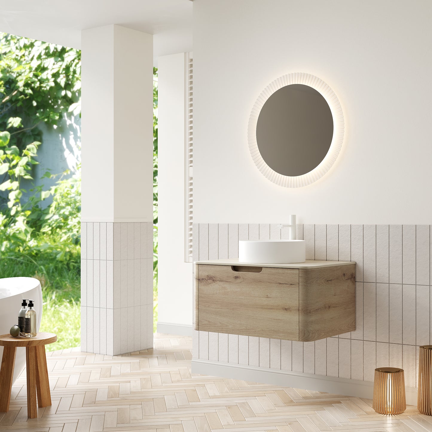 XAI 36" Badezimmerwaschtisch mit Waschbecken, Wandmontierter Sperrholzschrank mit Schublade, Weißes rundes Keramikbecken